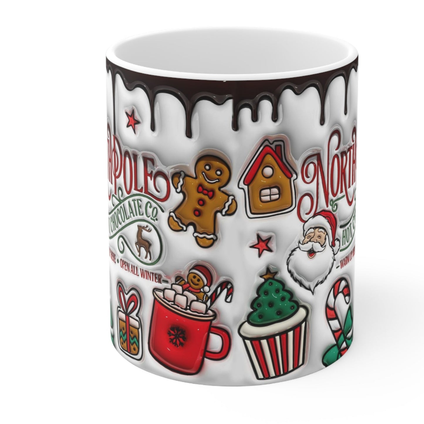 Christmas mug with North Pole Hot Chocolate Co. design, Santa, gingerbread, cocoa and candy canes