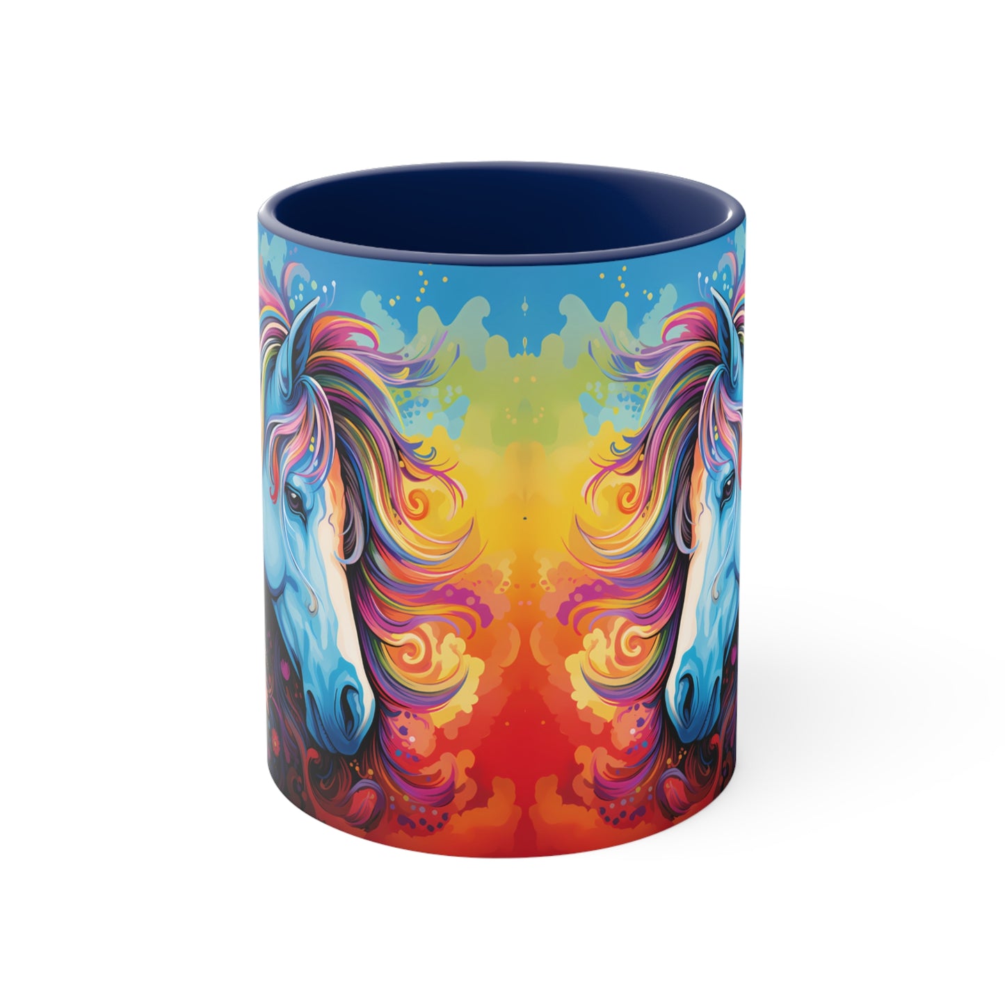Bright ceramic mug featuring a blue horse with a multicolored rainbow mane, surrounded by flowers. Available in various accent colors. 11oz.