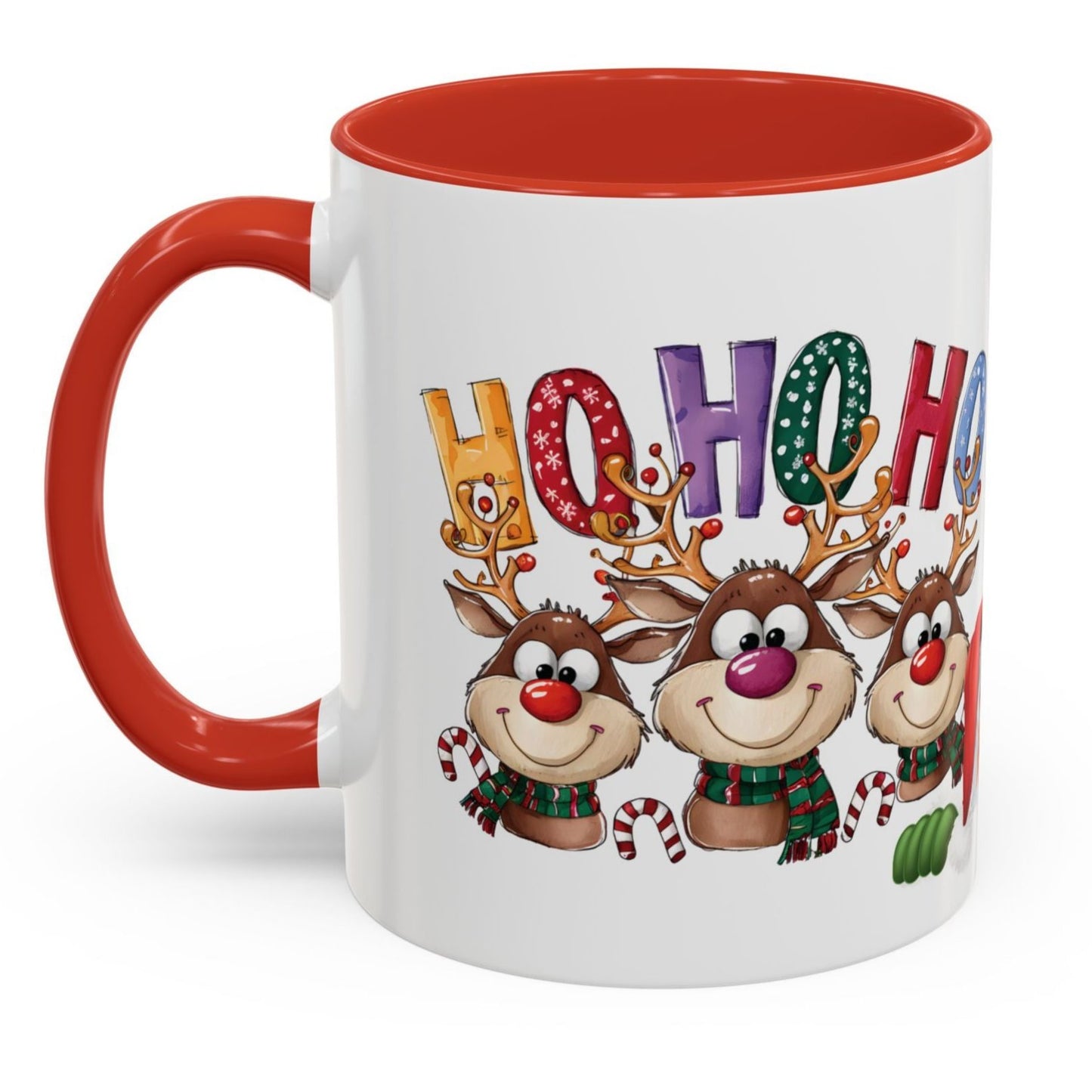 Christmas mug with Santa Claus, smiling reindeer, and colorful HO HO HO holiday letters