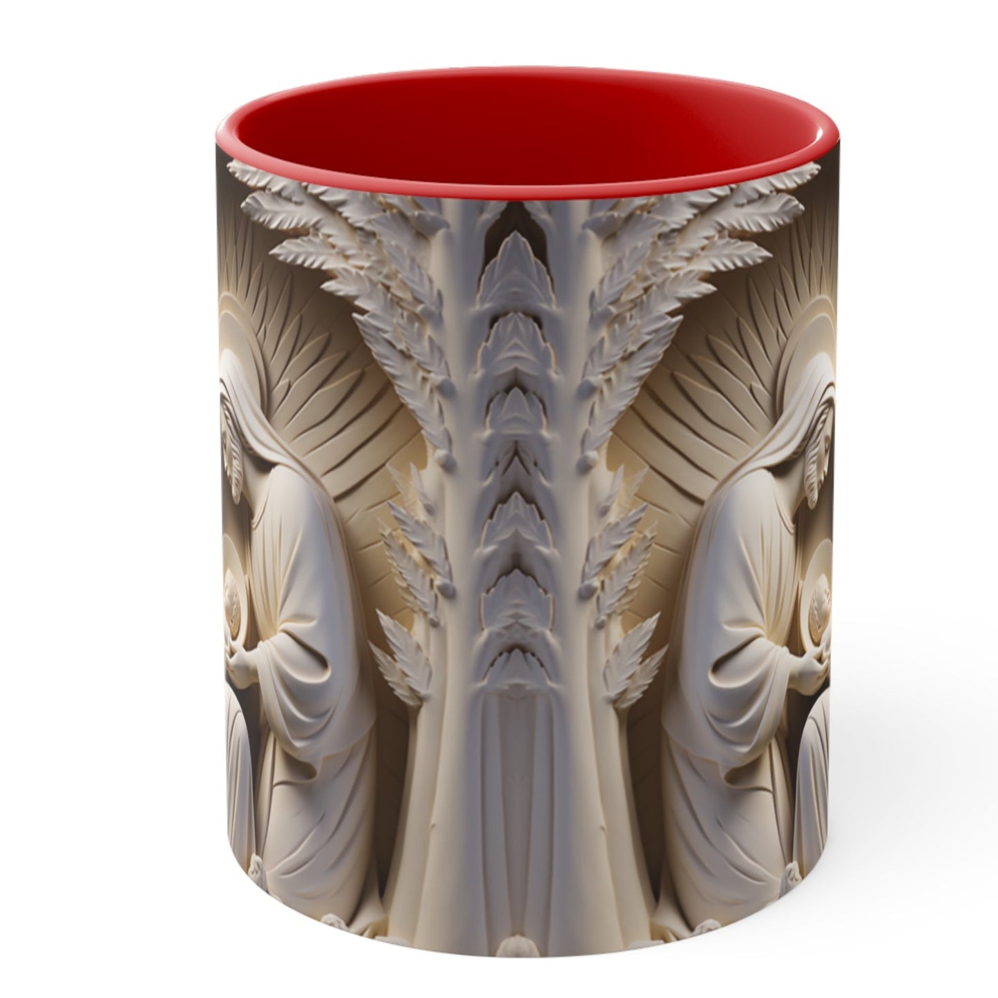 Christmas mug with 3D stone-look nativity scene of Mary, Joseph, and baby Jesus