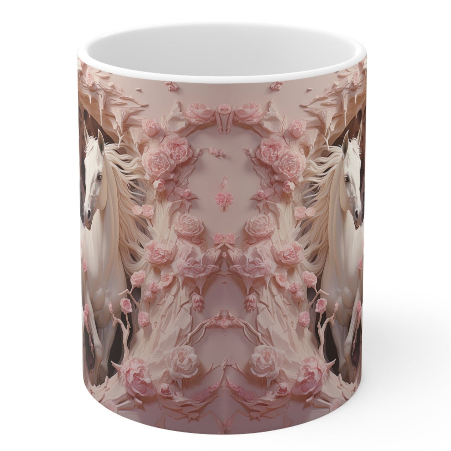 White ceramic mug with a stunning 3D design of two white horses surrounded by delicate pink roses. 11oz, microwave and dishwasher safe.
