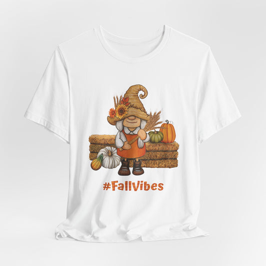 Cute Fall Gnome Shirt with pumpkins, sunflowers, and #FallVibes on soft white unisex T-shirt – autumn season design