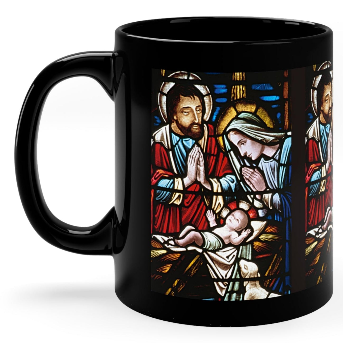 Glossy black Christmas mug with stained glass nativity scene of baby Jesus, Mary, and Joseph