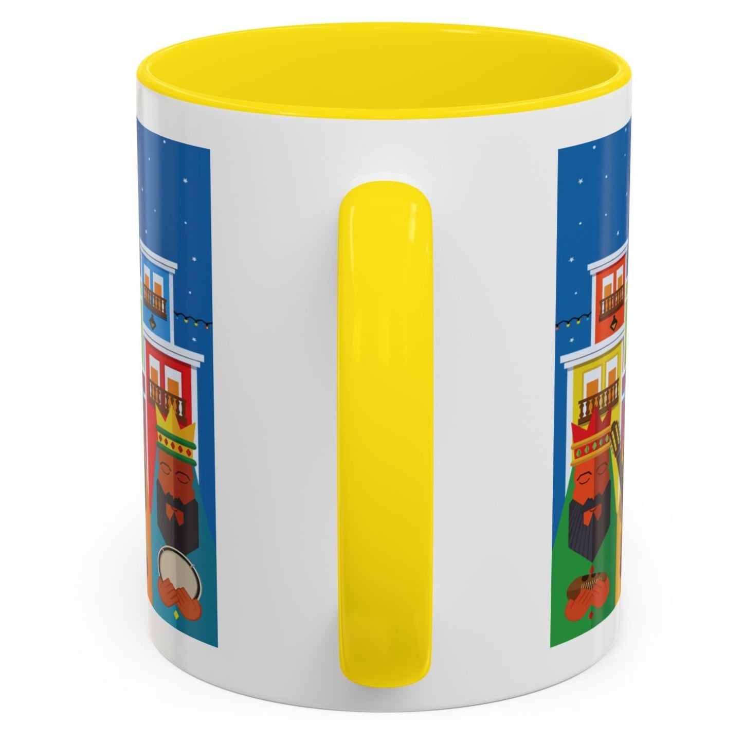 THREE KINGS IN OLD SAN JUAN COFFEE MUG TRES REYES MAGOS EN SAN JUAN. ASA E INTERIOR AMARILLA. YELLOW ACCENTS.