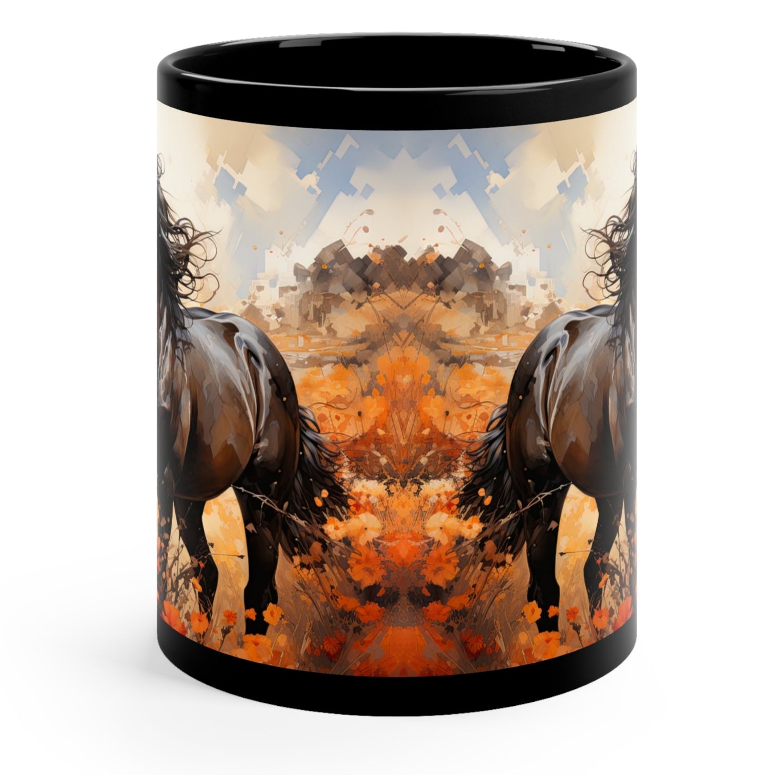 Glossy black ceramic mug featuring a powerful black horse running through a vibrant orange wildflower field. 11oz, microwave and dishwasher safe.