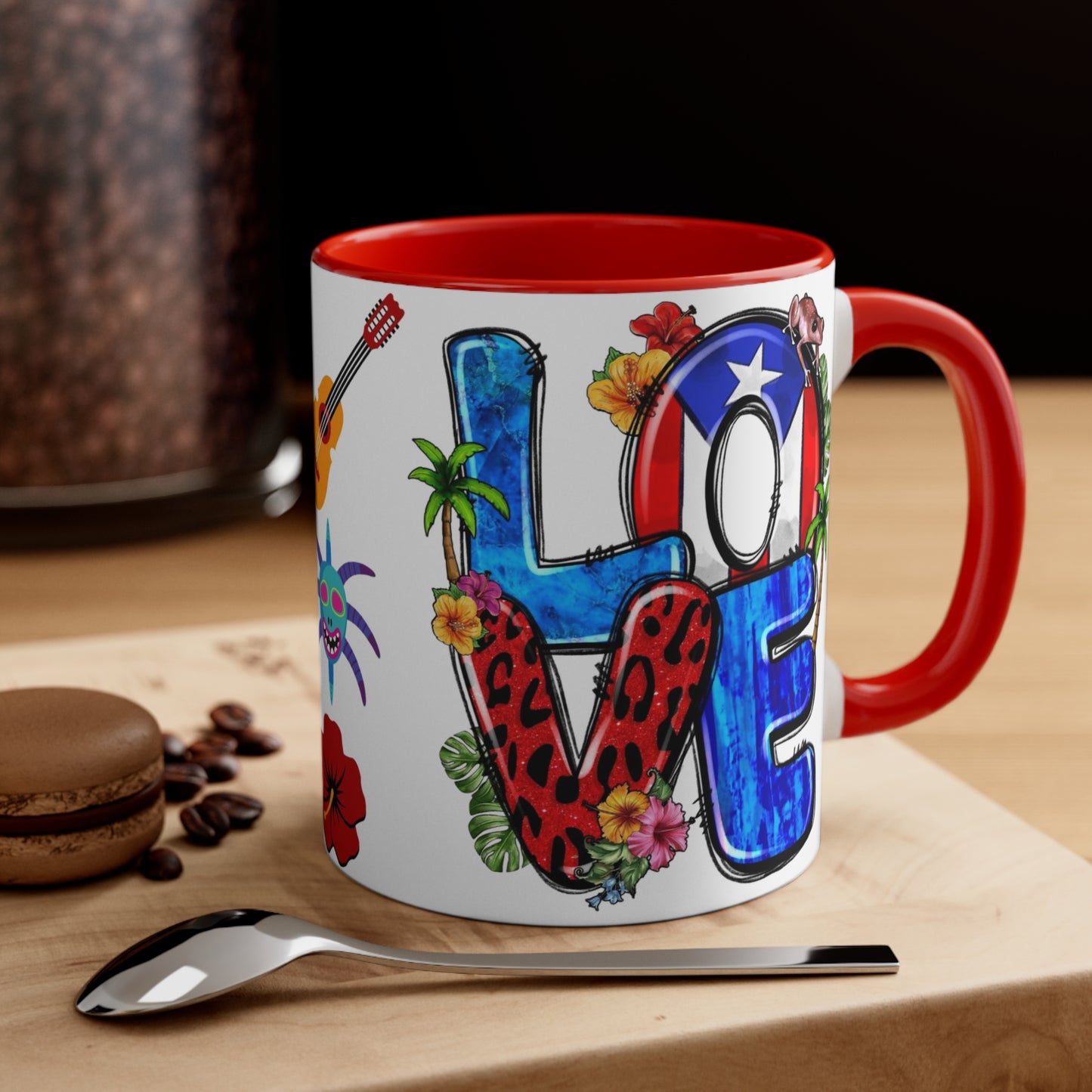 LOVE PUERTO RICO Mug with Puerto Rican Elements - Mugscity - Free Shipping - Available with Red, Blue or Black Accents