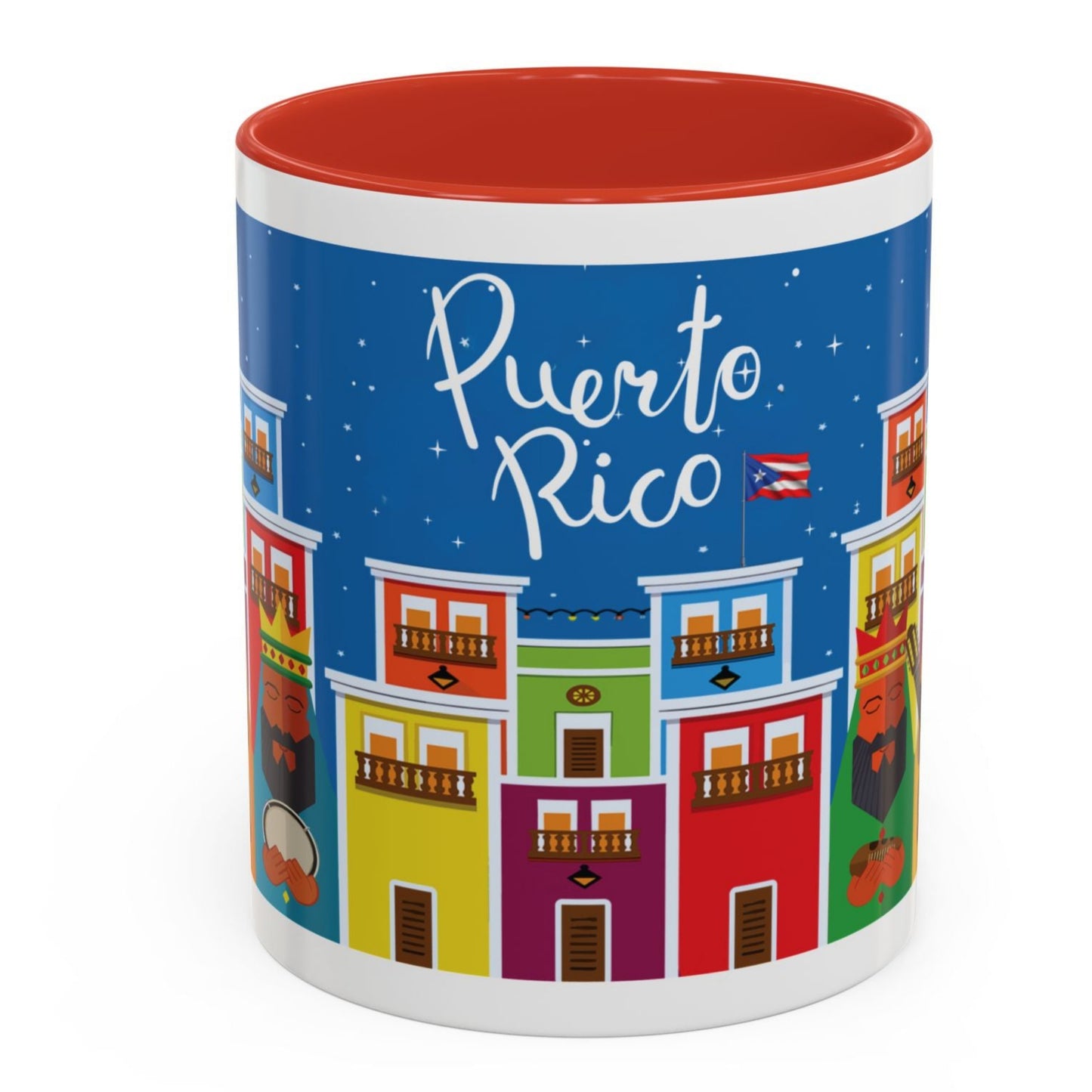 THREE KINGS IN OLD SAN JUAN COFFEE MUG TAZA TRES REYES MAGOS EN SAN JUAN. ASA E INTERIOR ROJO. RED ACCENTS.