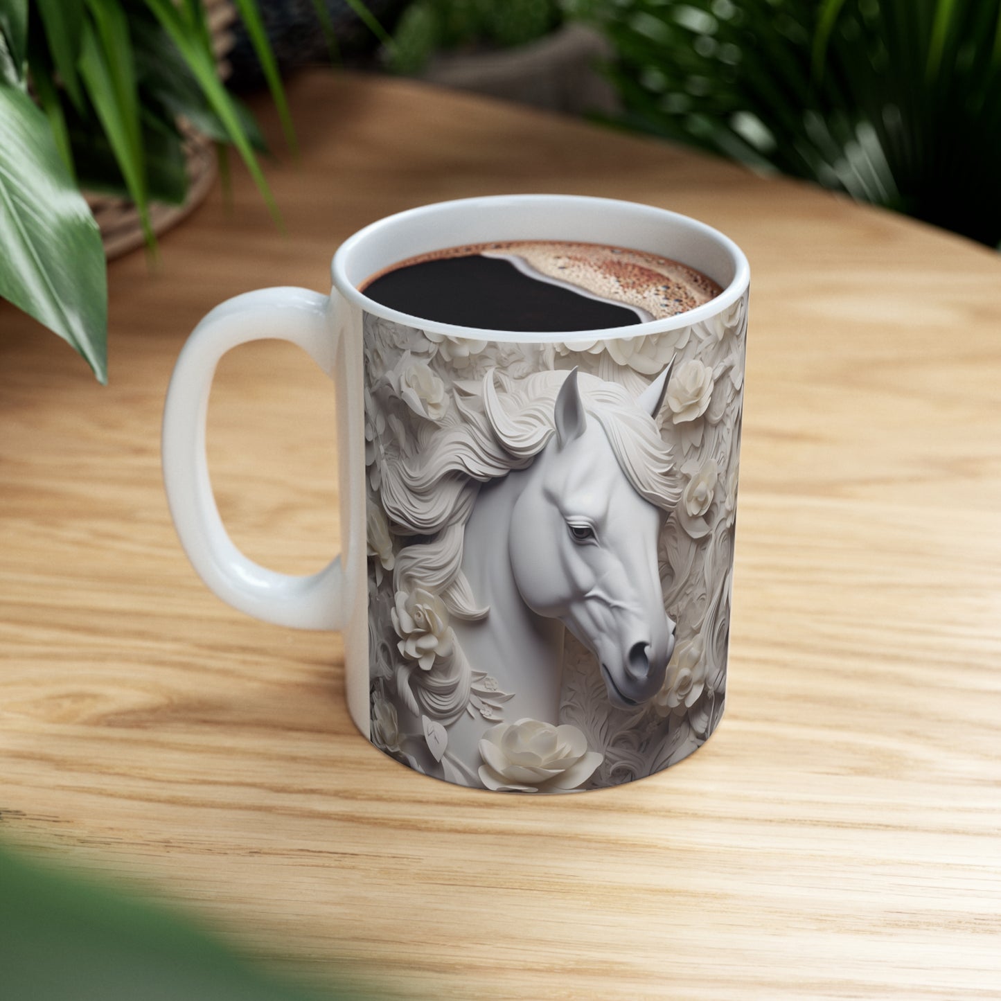 Elegant white ceramic mug featuring a majestic white horse surrounded by delicate white flowers. 11oz, microwave and dishwasher safe.