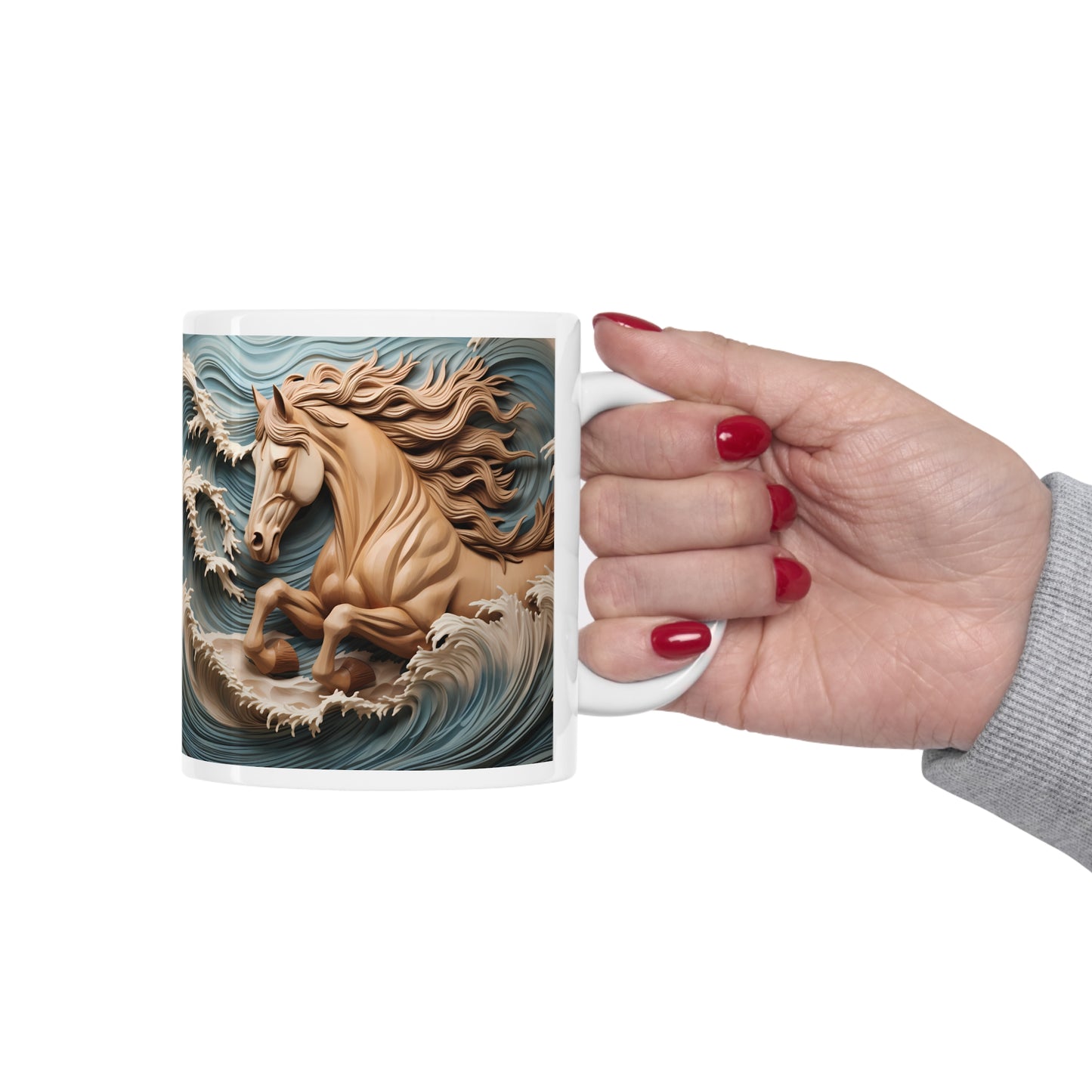 White ceramic mug featuring a sculpted-style tan horse galloping through ocean waves with flowing mane. 11oz, microwave and dishwasher safe.