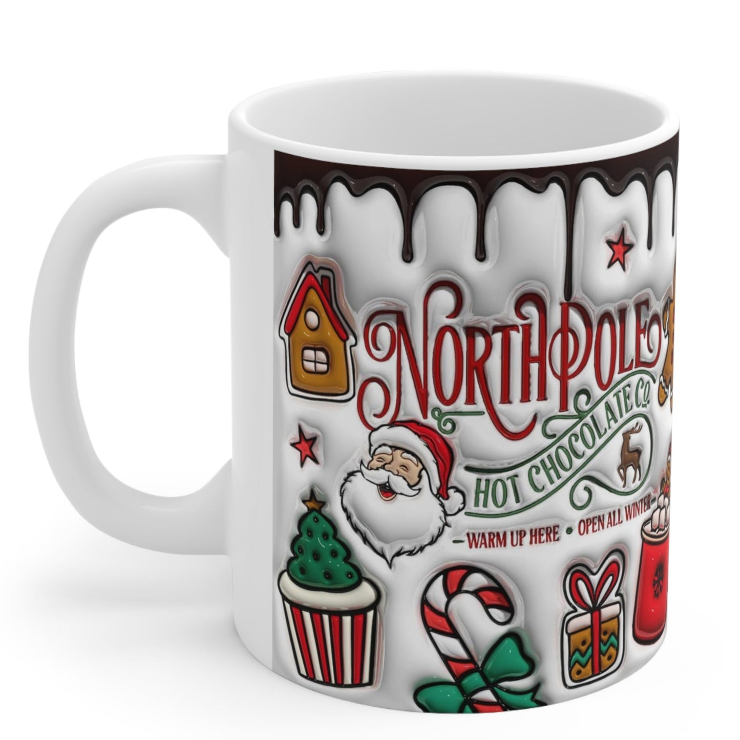 Christmas mug with North Pole Hot Chocolate Co. design, Santa, gingerbread, cocoa and candy canes