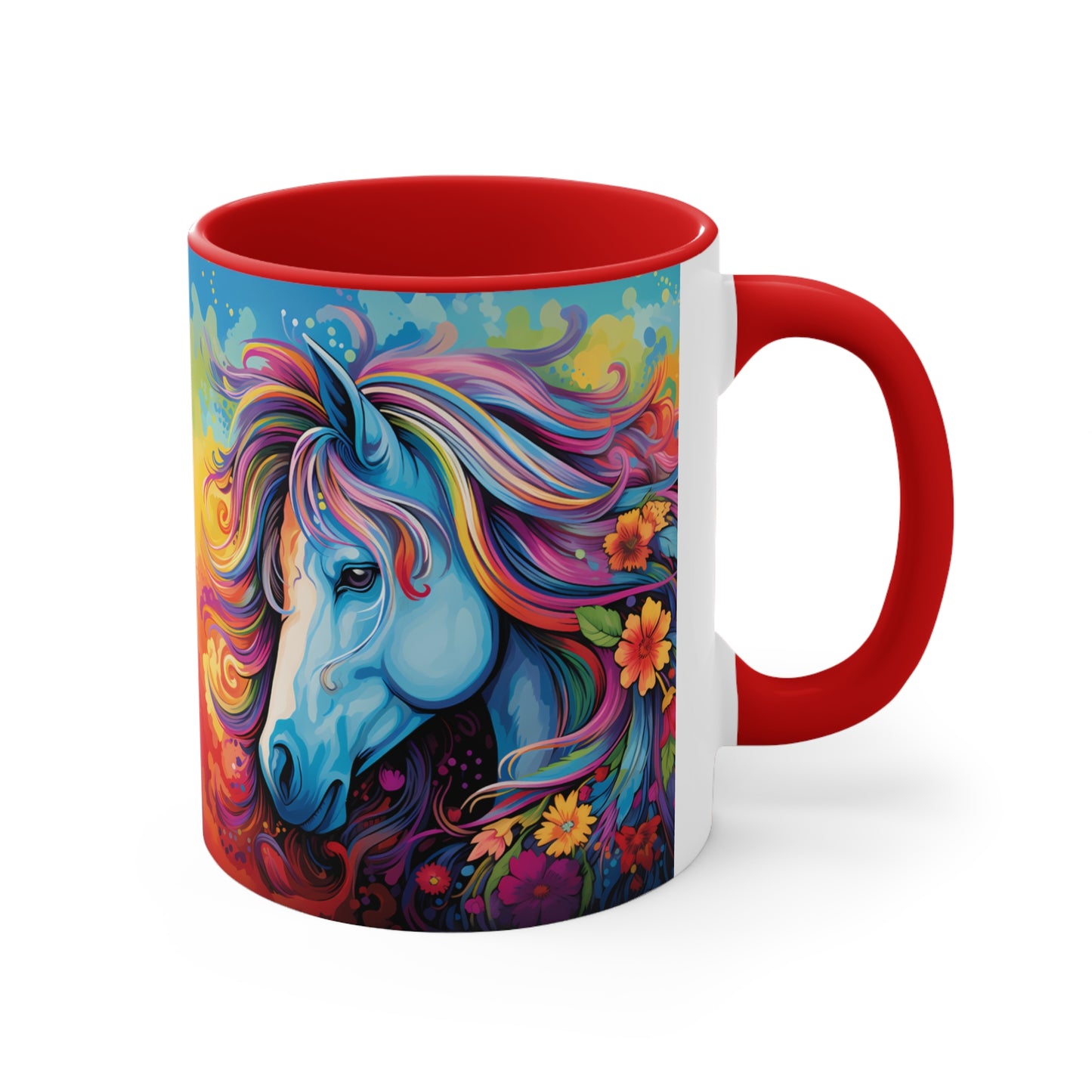 Bright ceramic mug featuring a blue horse with a multicolored rainbow mane, surrounded by flowers. Available in various accent colors. 11oz.