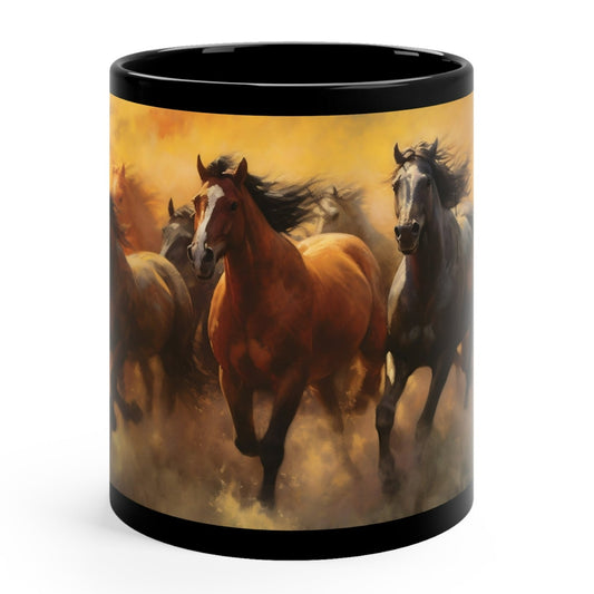Glossy black ceramic mug featuring a dynamic image of horses running through a dust storm. 11oz, microwave and dishwasher safe.