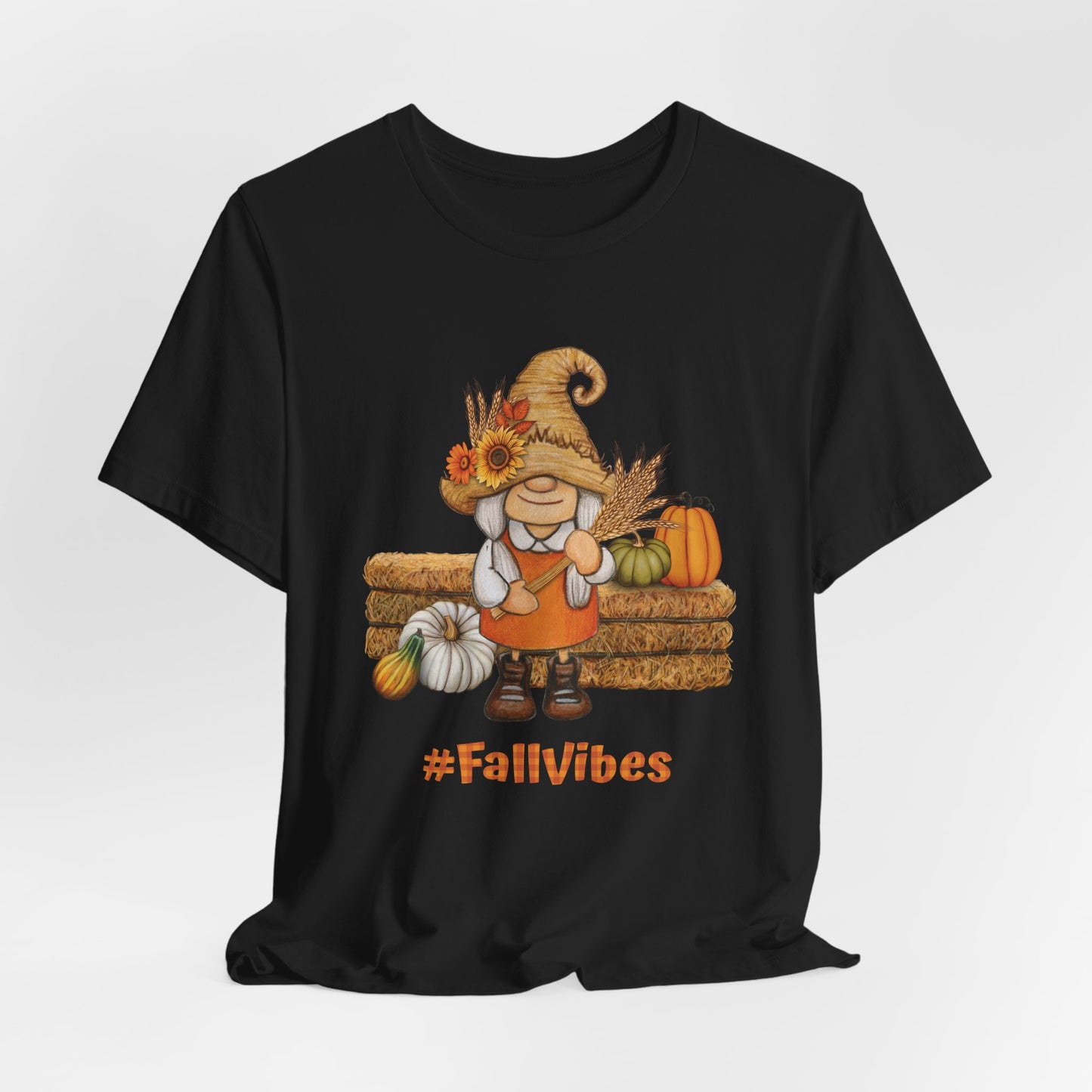 Cute Fall Gnome Shirt with pumpkins, sunflowers, and #FallVibes on soft black unisex T-shirt – autumn season design