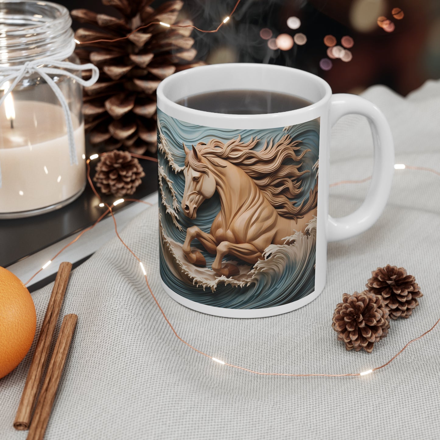 White ceramic mug featuring a sculpted-style tan horse galloping through ocean waves with flowing mane. 11oz, microwave and dishwasher safe.