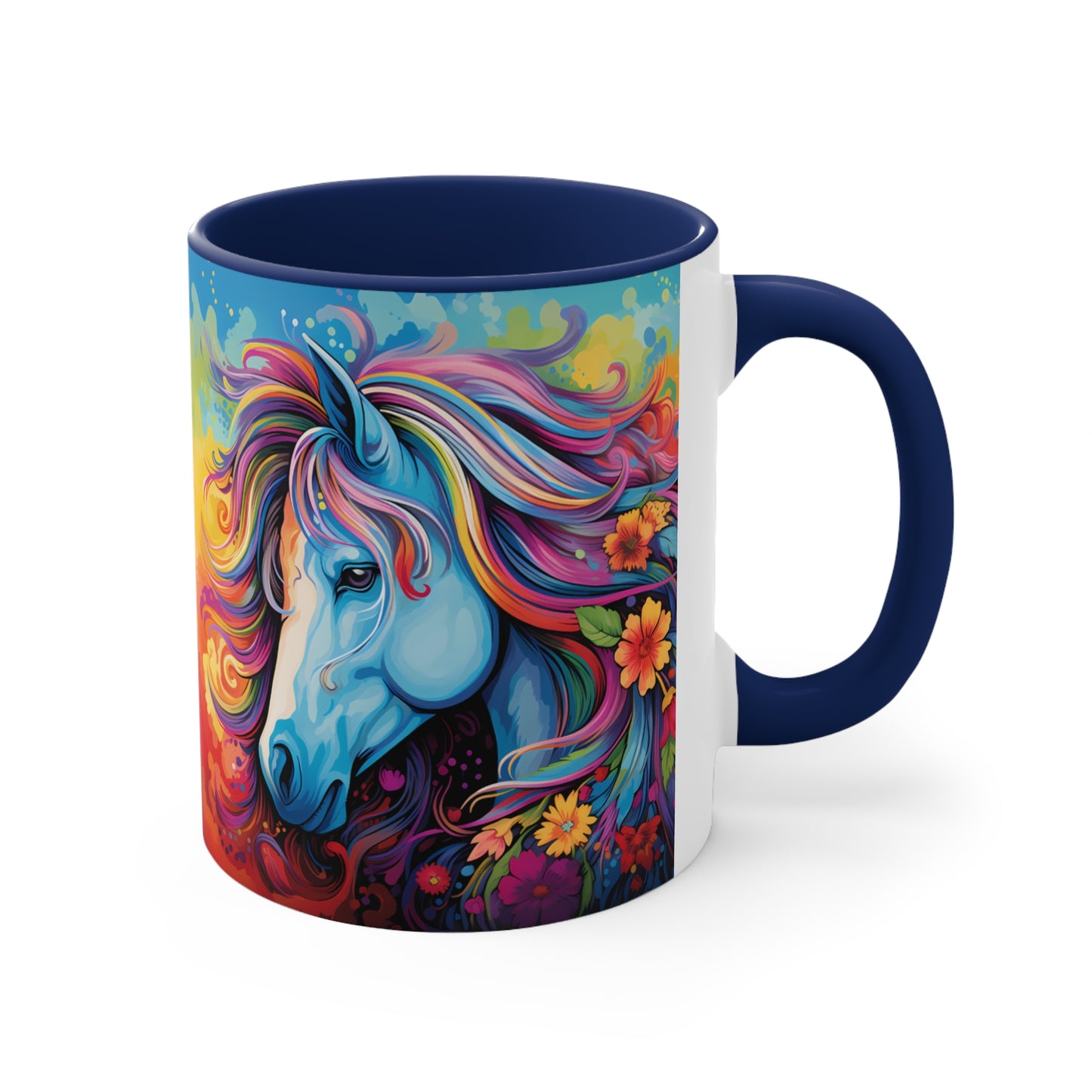 Bright ceramic mug featuring a blue horse with a multicolored rainbow mane, surrounded by flowers. Available in various accent colors. 11oz.