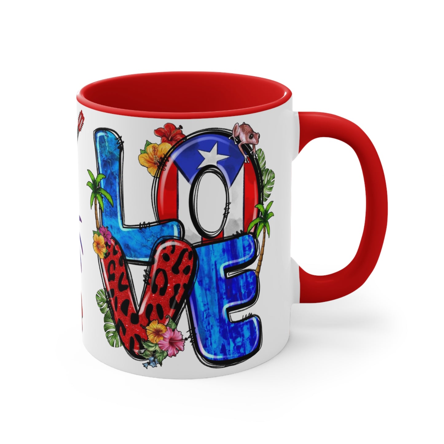 LOVE PUERTO RICO Mug with Puerto Rican Elements - Mugscity - Free Shipping - Available with Red, Blue or Black Accents