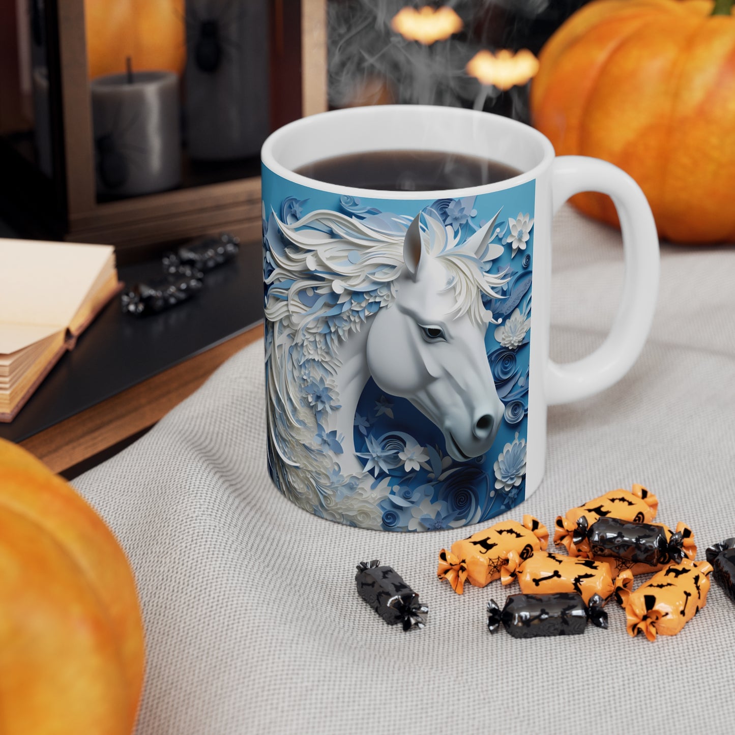 White ceramic mug featuring a sculpted-style white horse with flowing blue and white floral mane on a cool blue background. 11oz, microwave and dishwasher safe.