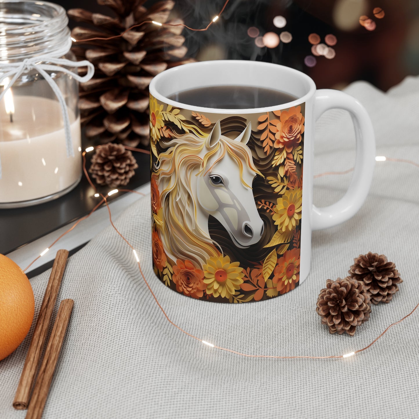 White ceramic mug featuring a sculpted-style white horse with golden mane surrounded by orange, yellow, and brown fall flowers and leaves. 11oz, microwave and dishwasher safe.