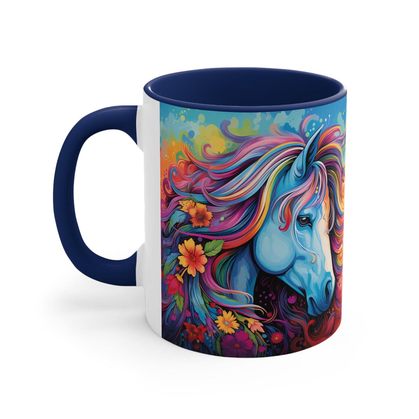 Bright ceramic mug featuring a blue horse with a multicolored rainbow mane, surrounded by flowers. Available in various accent colors. 11oz.
