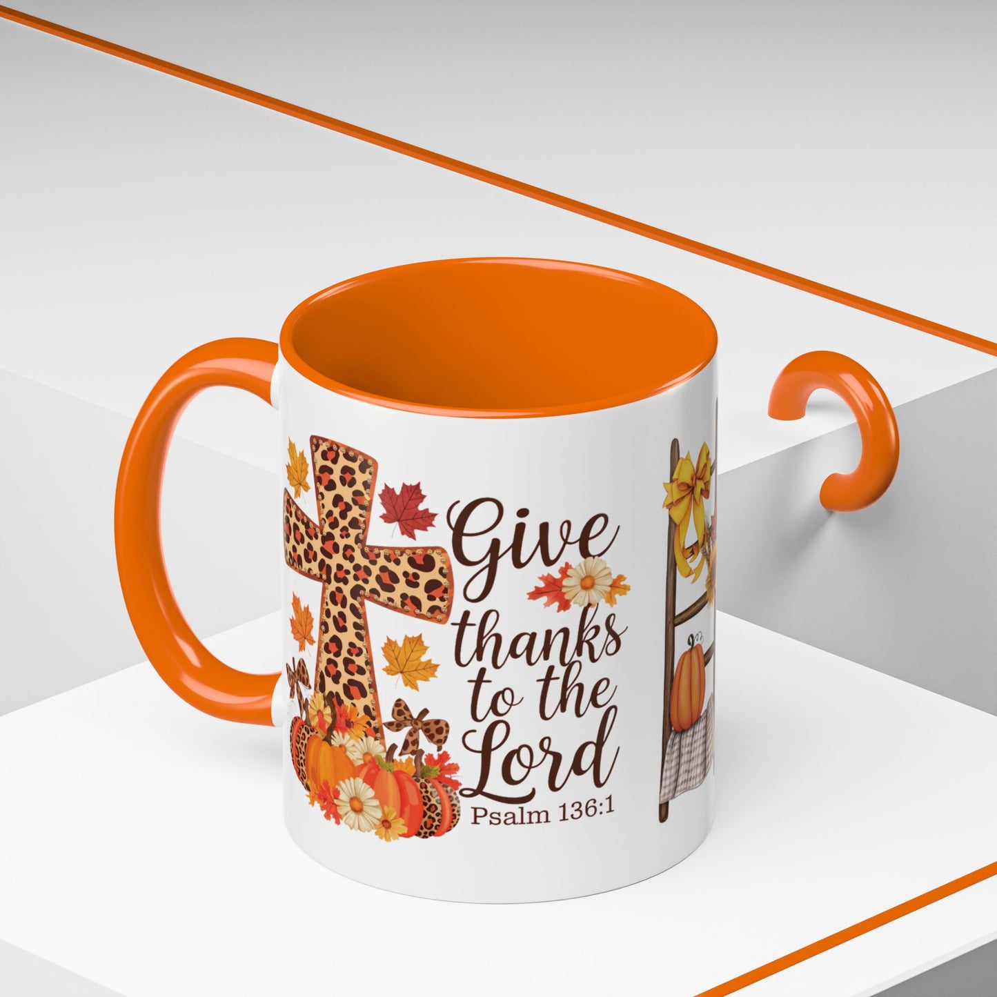 Christian fall mug with leopard cross, pumpkins, sunflowers, and Psalm 136:1 – Give thanks to the Lord – perfect Thanksgiving faith gift