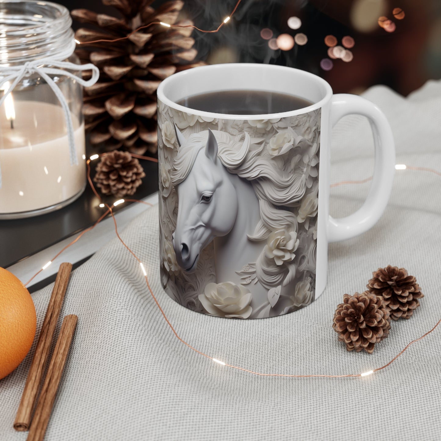 Elegant white ceramic mug featuring a majestic white horse surrounded by delicate white flowers. 11oz, microwave and dishwasher safe.