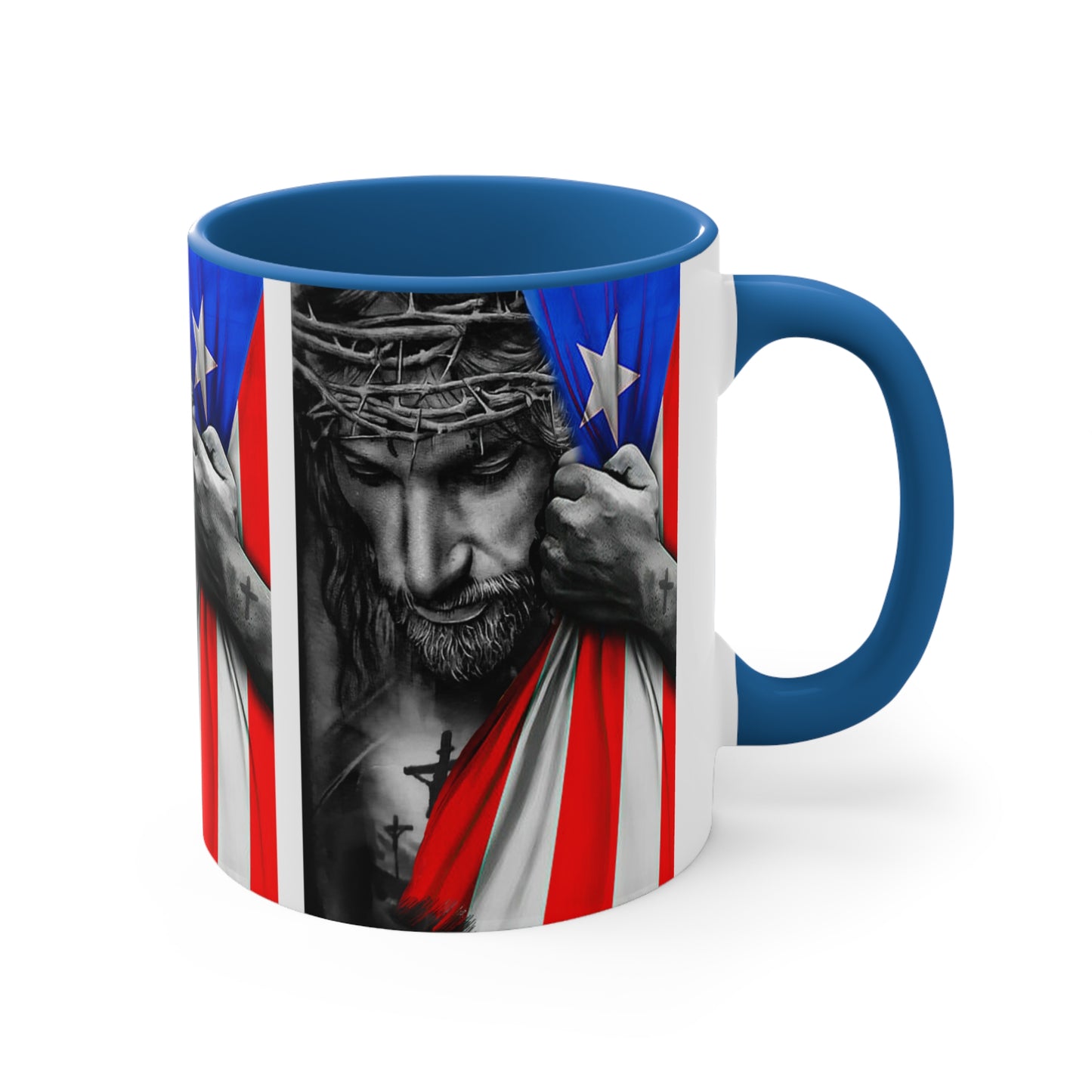 JESUS HUGGING PR FLAG MUG - Red, Black, Blue, Navy Accents - MUGSCITY - Free Shipping