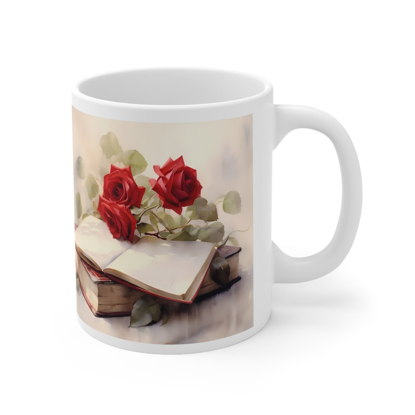 ROSES AND BOOKS (ANTIQUE LOOK) MUG - WHITE - MUGSCITY - Free Shipping