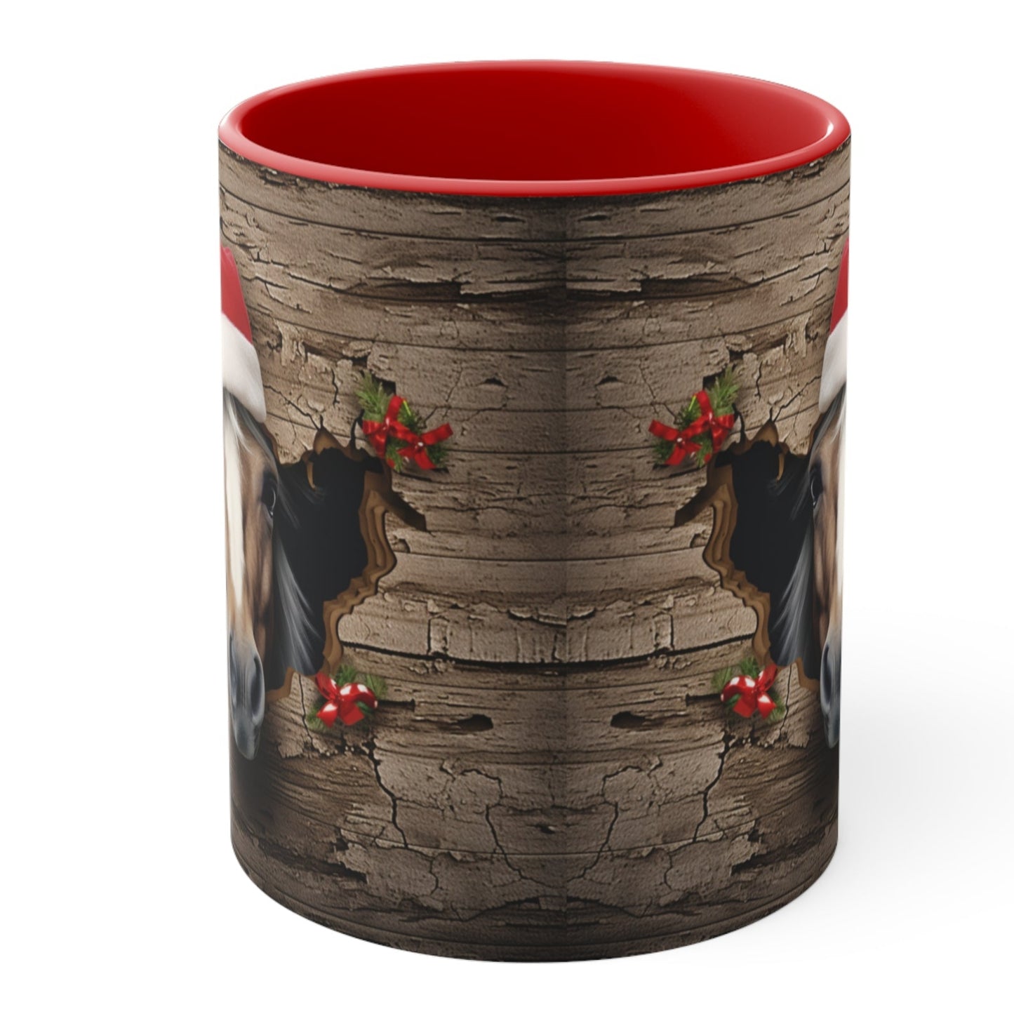 Festive ceramic mug with red handle, featuring a cute horse wearing a Santa hat peeking through rustic wood. 11oz, microwave and dishwasher safe.