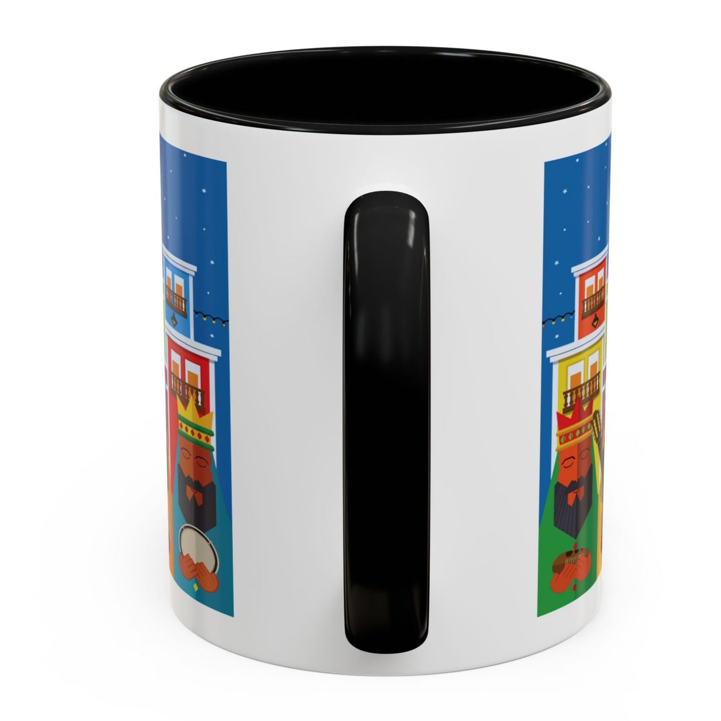 THREE KINGS IN OLD SAN JUAN COFFEE MUG TAZA TRES REYES MAGOS EN SAN JUAN. ASA E INTERIOR NEGRO. BLACK ACCENTS.
