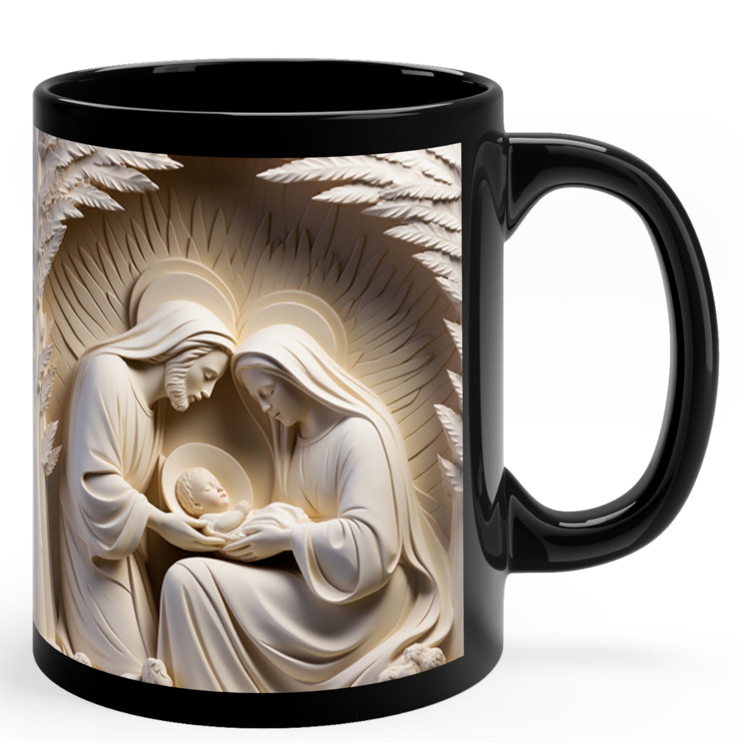 Christmas strong glossy black mug with 3D stone-look nativity scene of Mary, Joseph, and baby Jesus