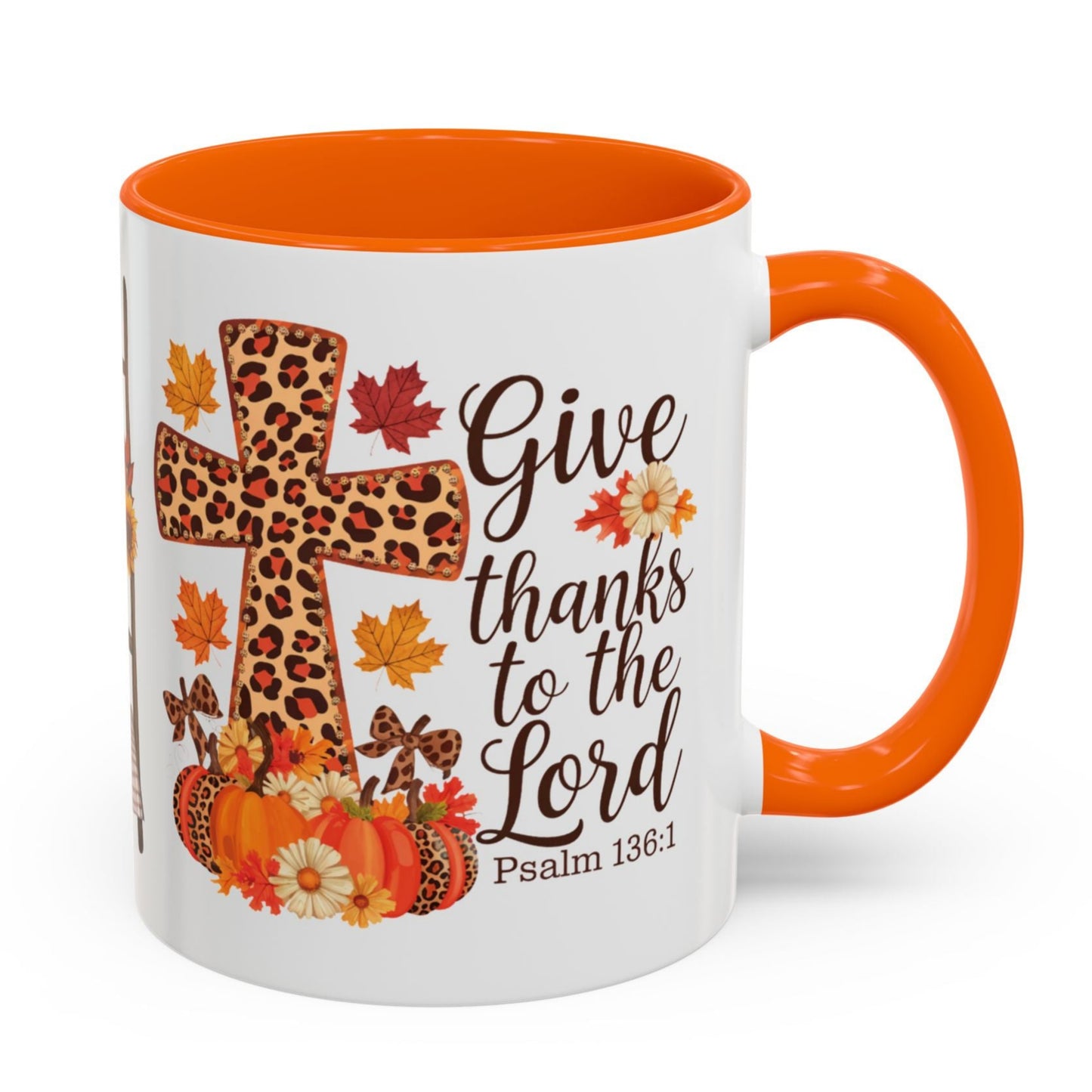 Christian fall mug with leopard cross, pumpkins, sunflowers, and Psalm 136:1 – Give thanks to the Lord – perfect Thanksgiving faith gift