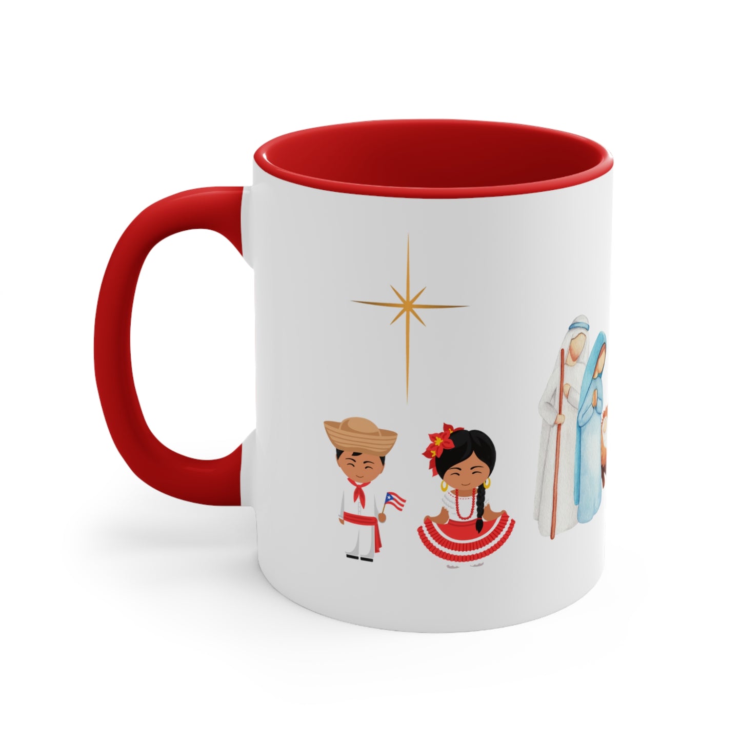 Puerto Rican Christmas nativity mug with Holy Family, angel, Three Kings, camels and jíbaro characters