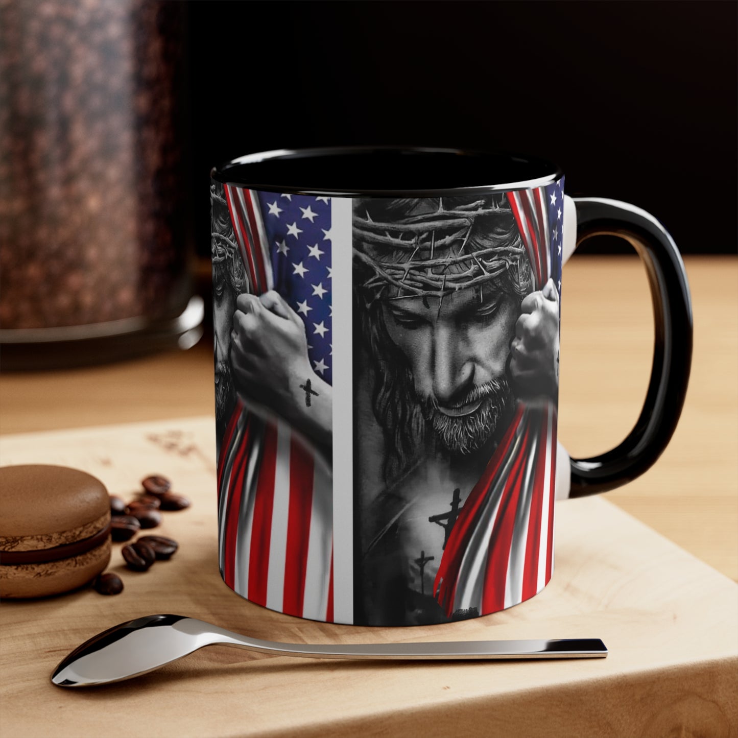 JESUS HUGGING USA FLAG MUG - Red- Navy-Black Accents - MUGSCITY - Free Shipping