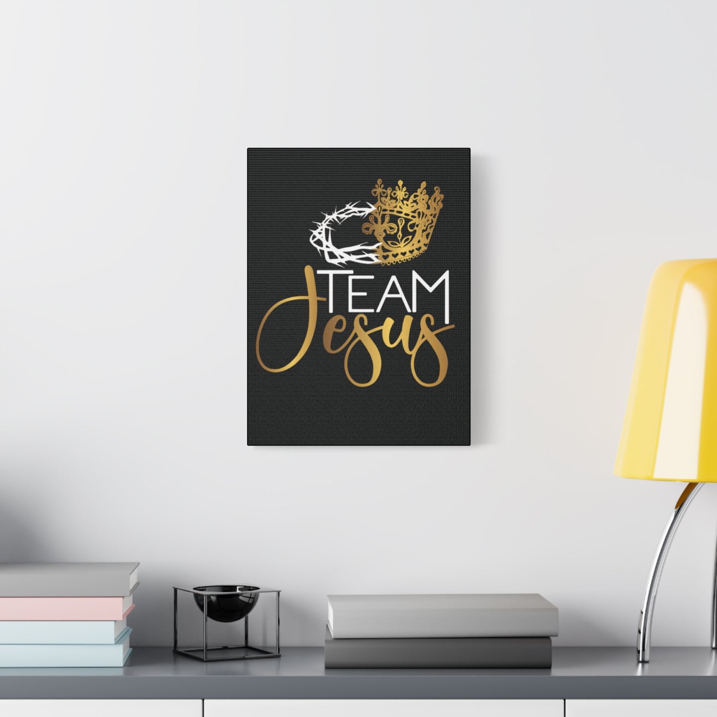 Team Jesus Christian canvas print with crown of thorns and gold crown, black background, 12x16 and 16x20 sizes