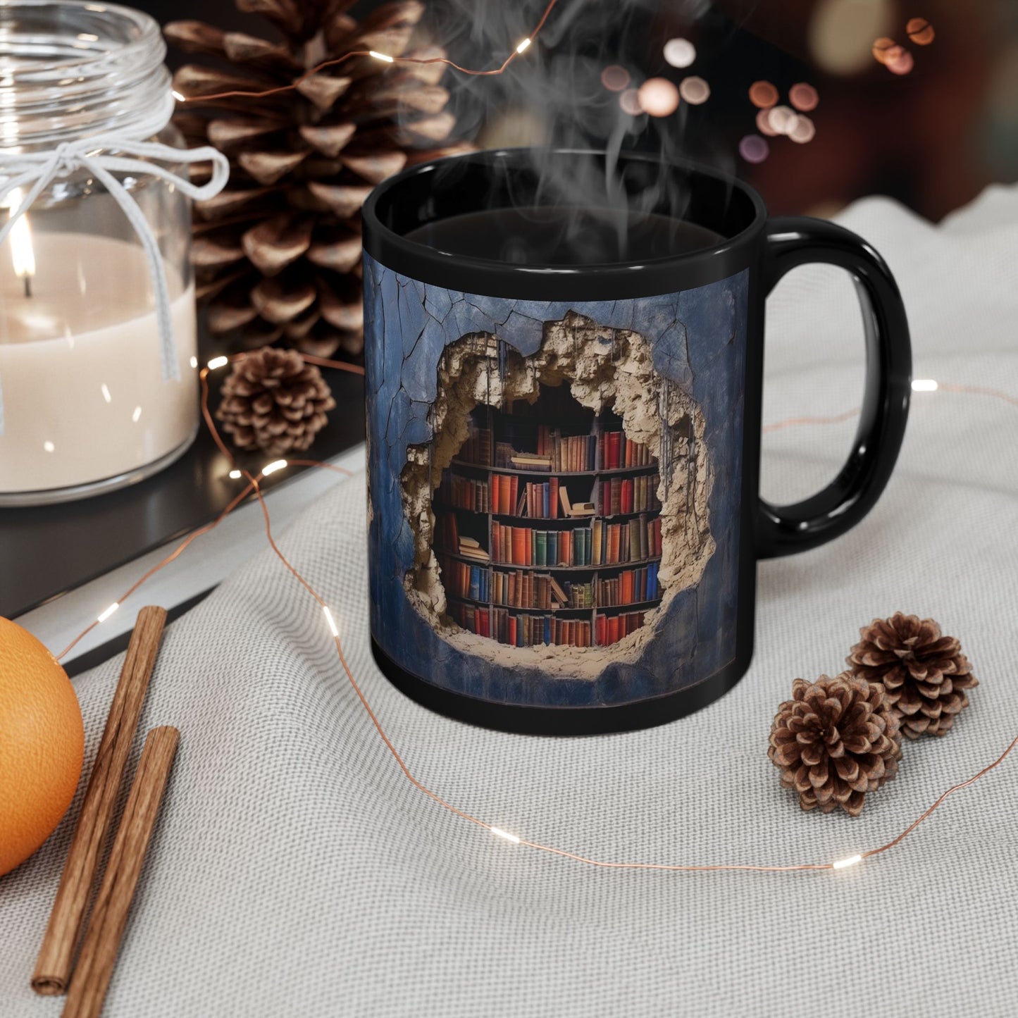 HIDDEN BOOKSHELF MUG - 3D OPTICAL ILLUSION BLACK MUG FOR BOOK LOVERS