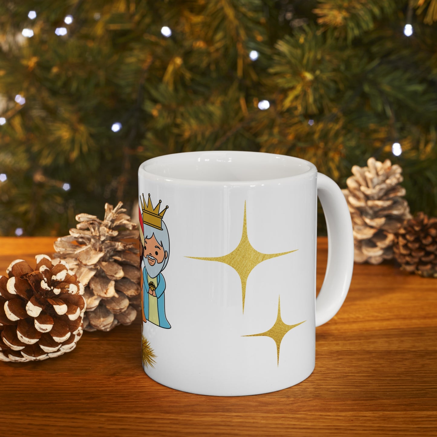 Cute Christmas mug with cartoon Three Kings and baby Jesus in manger