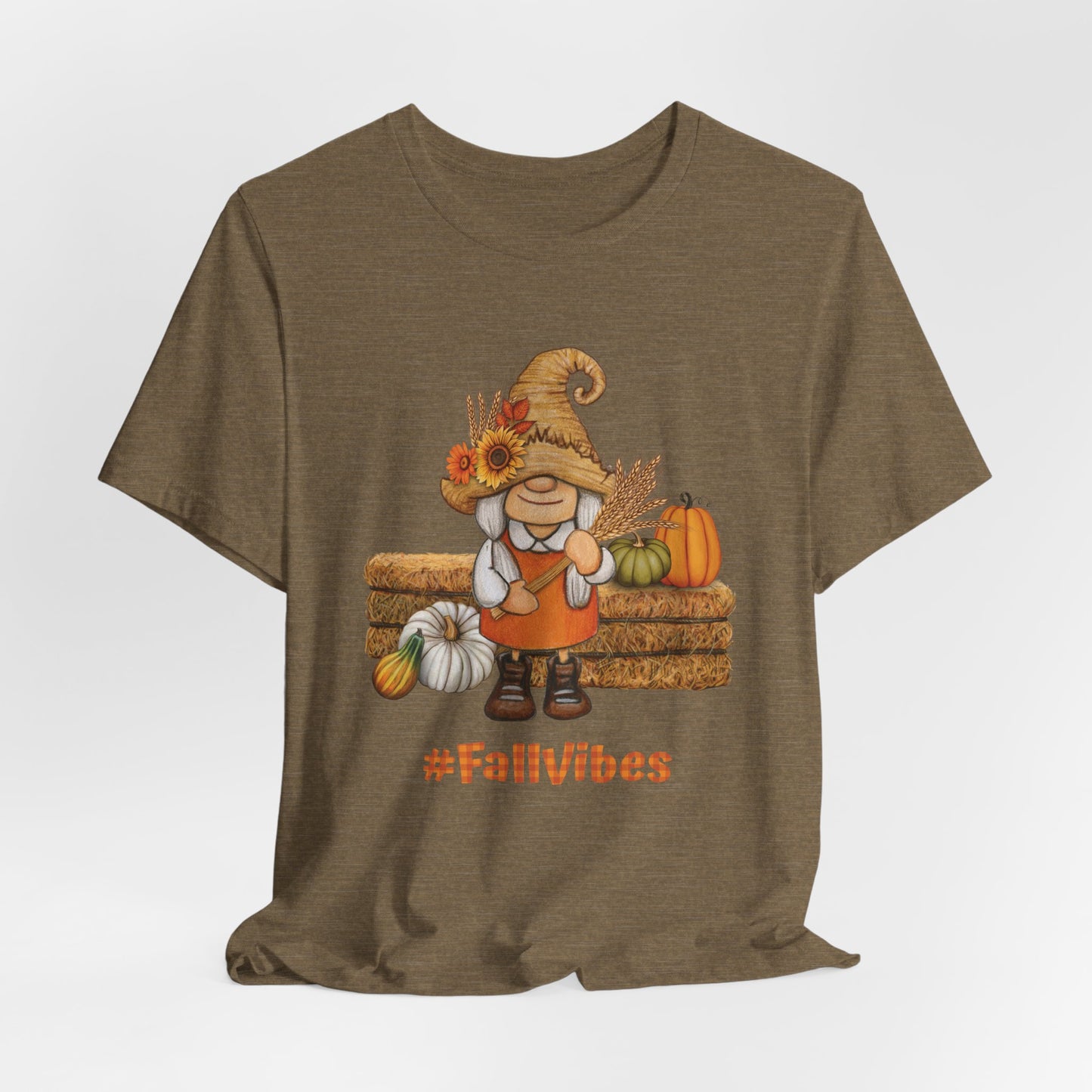 Cute Fall Gnome Shirt with pumpkins, sunflowers, and #FallVibes on soft unisex brown T-shirt – autumn season design