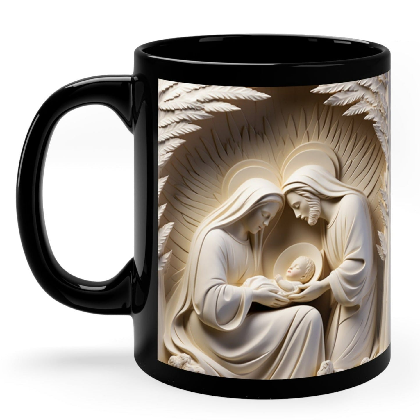 Christmas strong glossy black mug with 3D stone-look nativity scene of Mary, Joseph, and baby Jesus