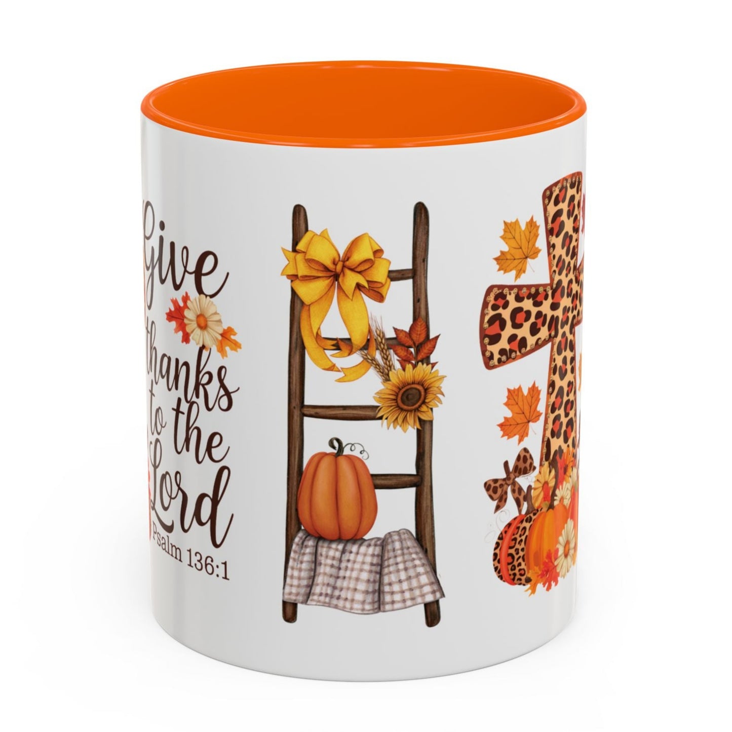 Christian fall mug with leopard cross, pumpkins, sunflowers, and Psalm 136:1 – Give thanks to the Lord – perfect Thanksgiving faith gift