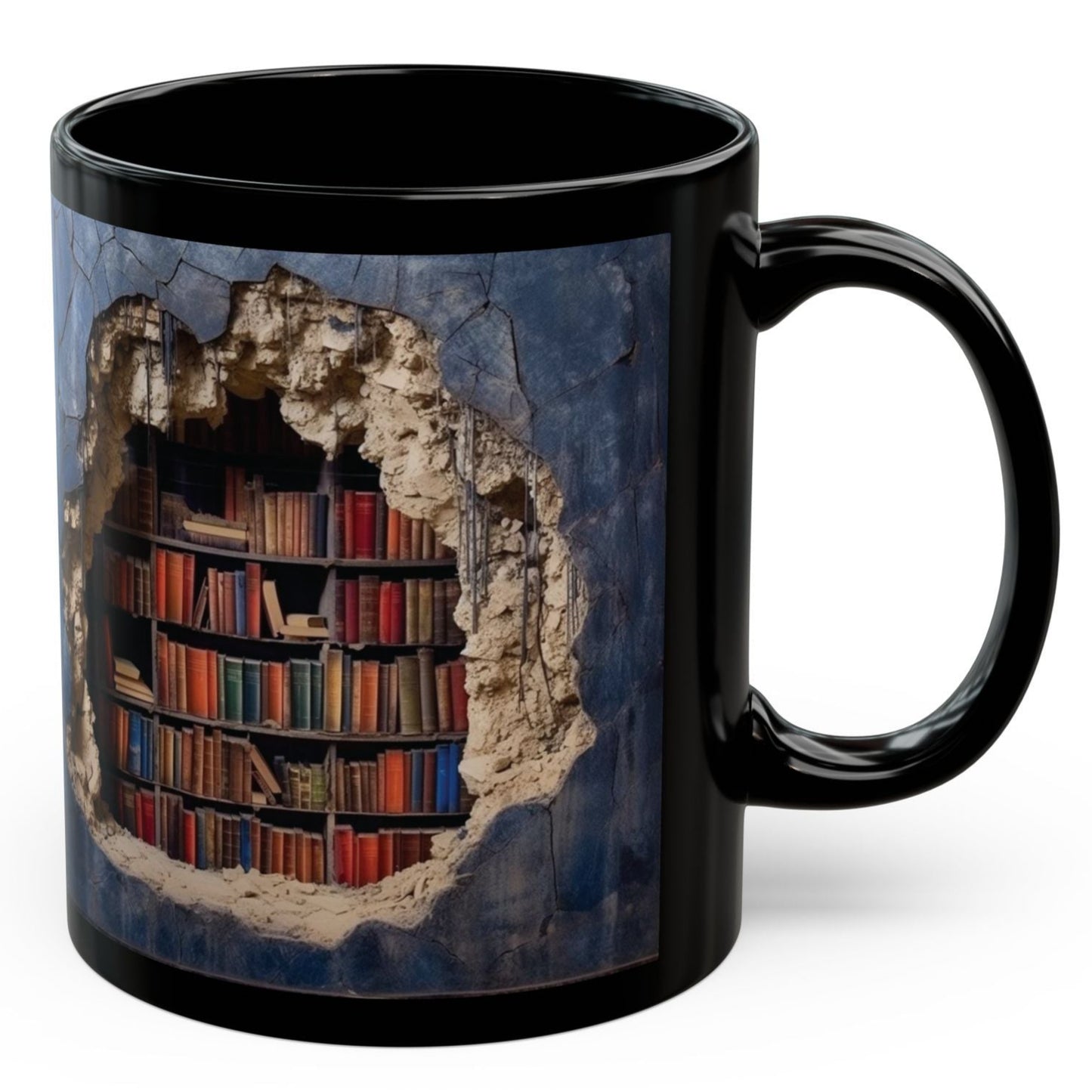 Black Mug with 3D Broken Wall and Hidden Bookshelf Design – Book Lovers Gift