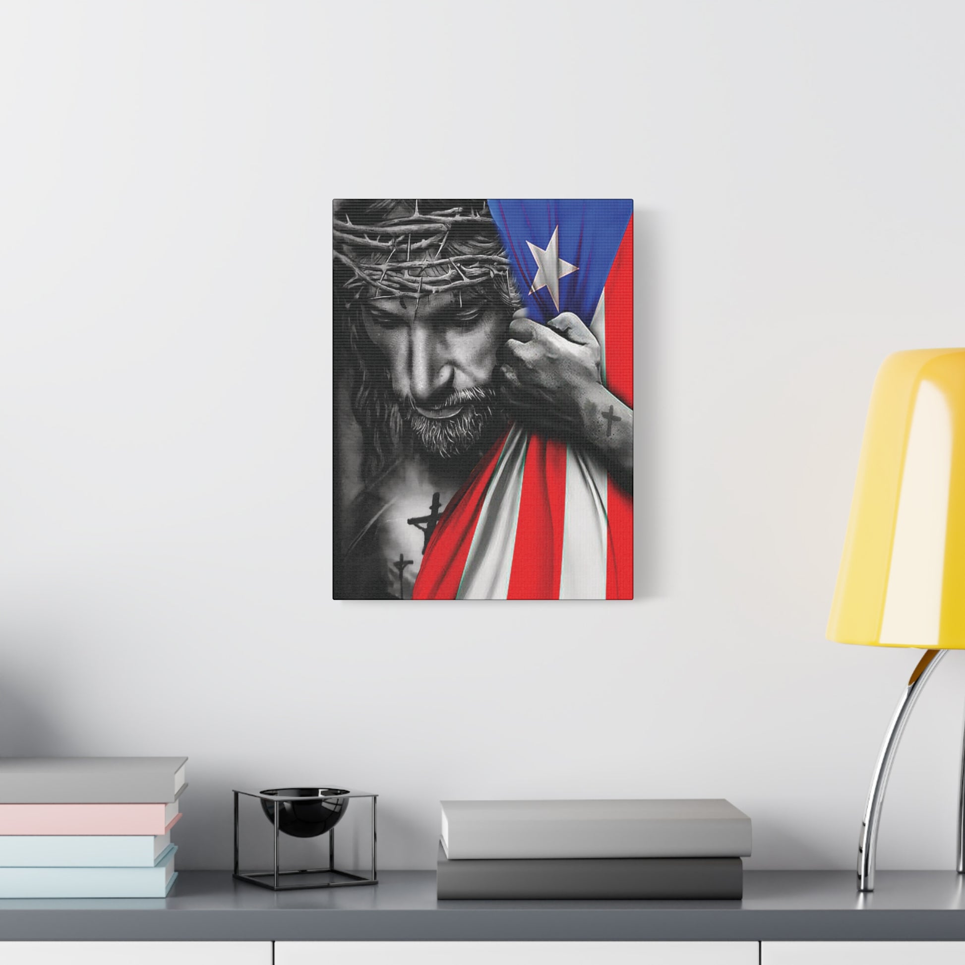 Canvas wall art of Jesus with Puerto Rican flag and crosses – 12x16 or 16x20 by Mugscity