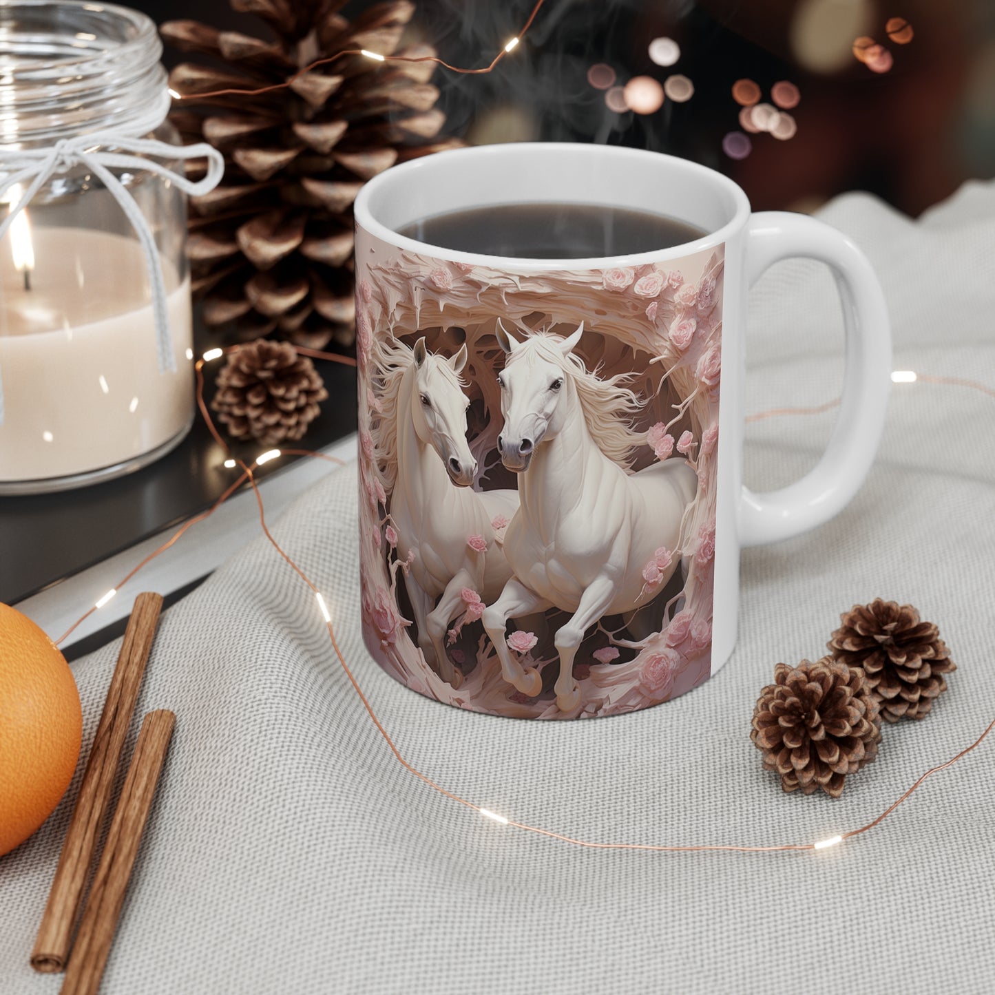 White ceramic mug with a stunning 3D design of two white horses surrounded by delicate pink roses. 11oz, microwave and dishwasher safe.
