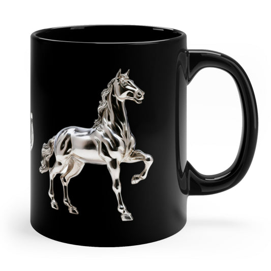 Glossy black ceramic mug featuring a 3D silver horse design. 11oz, microwave and dishwasher safe, free shipping, perfect for horse lovers.