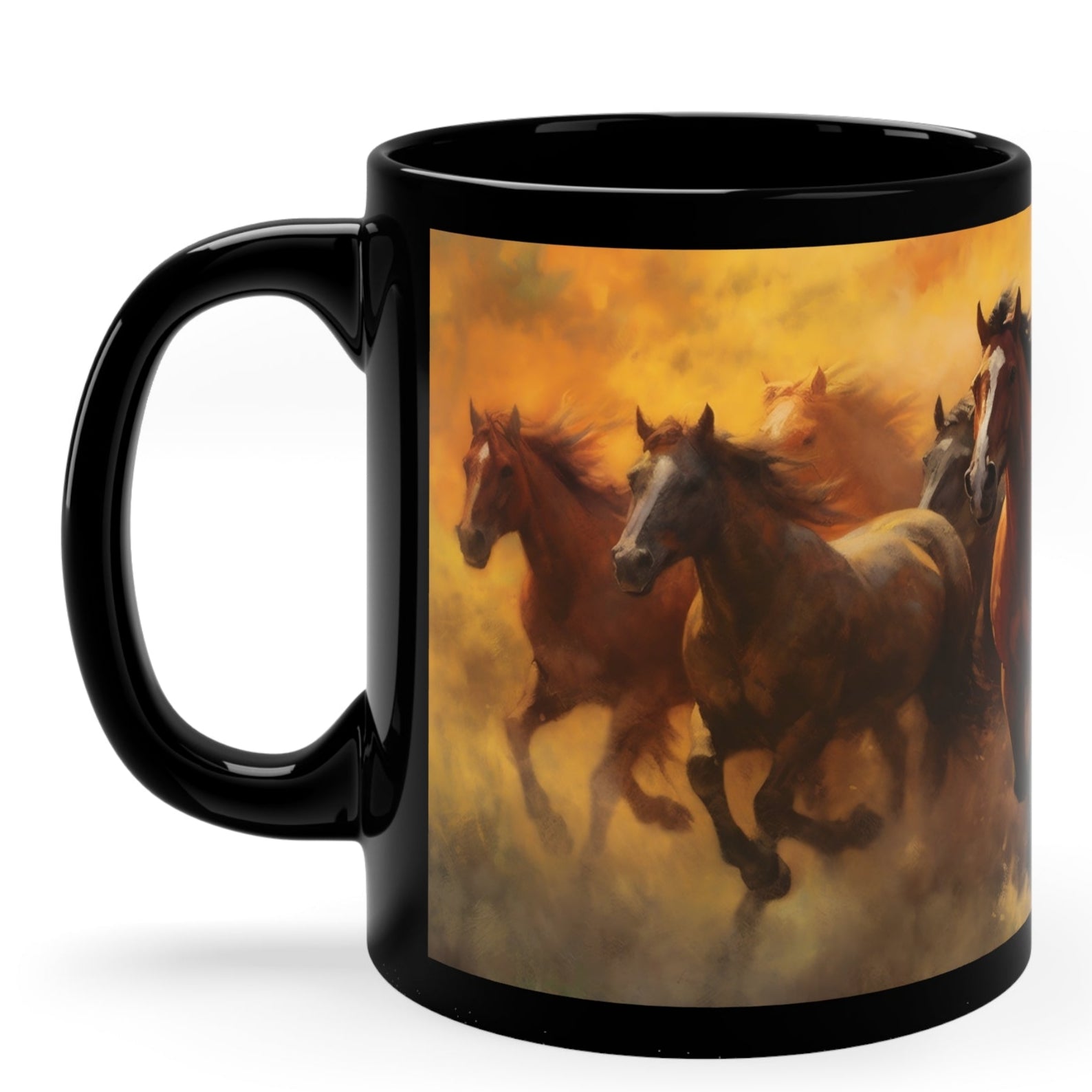Glossy black ceramic mug featuring a dynamic image of horses running through a dust storm. 11oz, microwave and dishwasher safe.