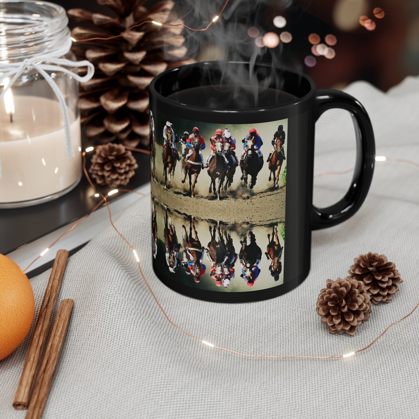 Glossy black ceramic mug featuring a dynamic image of jockeys in a horse race with a mirrored reflection design. 11oz, microwave and dishwasher safe.