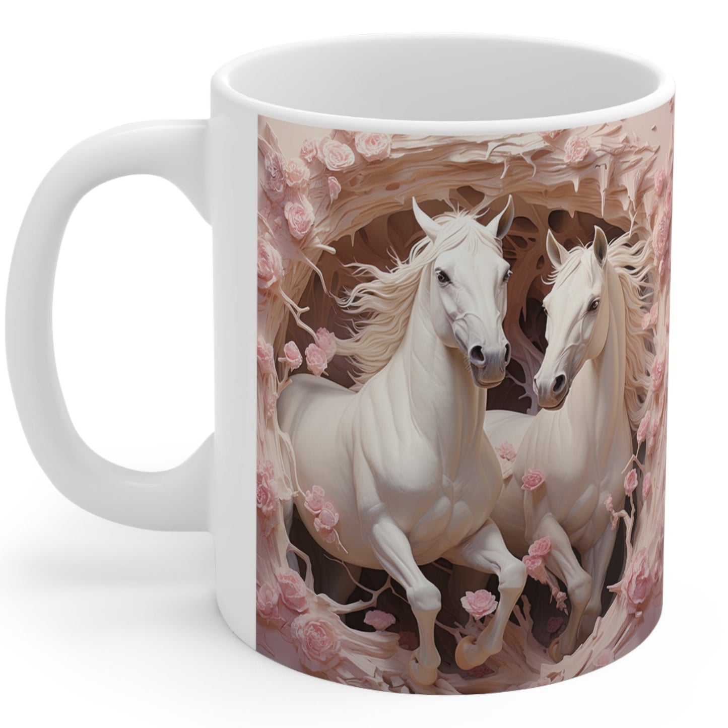 White ceramic mug with a stunning 3D design of two white horses surrounded by delicate pink roses. 11oz, microwave and dishwasher safe.