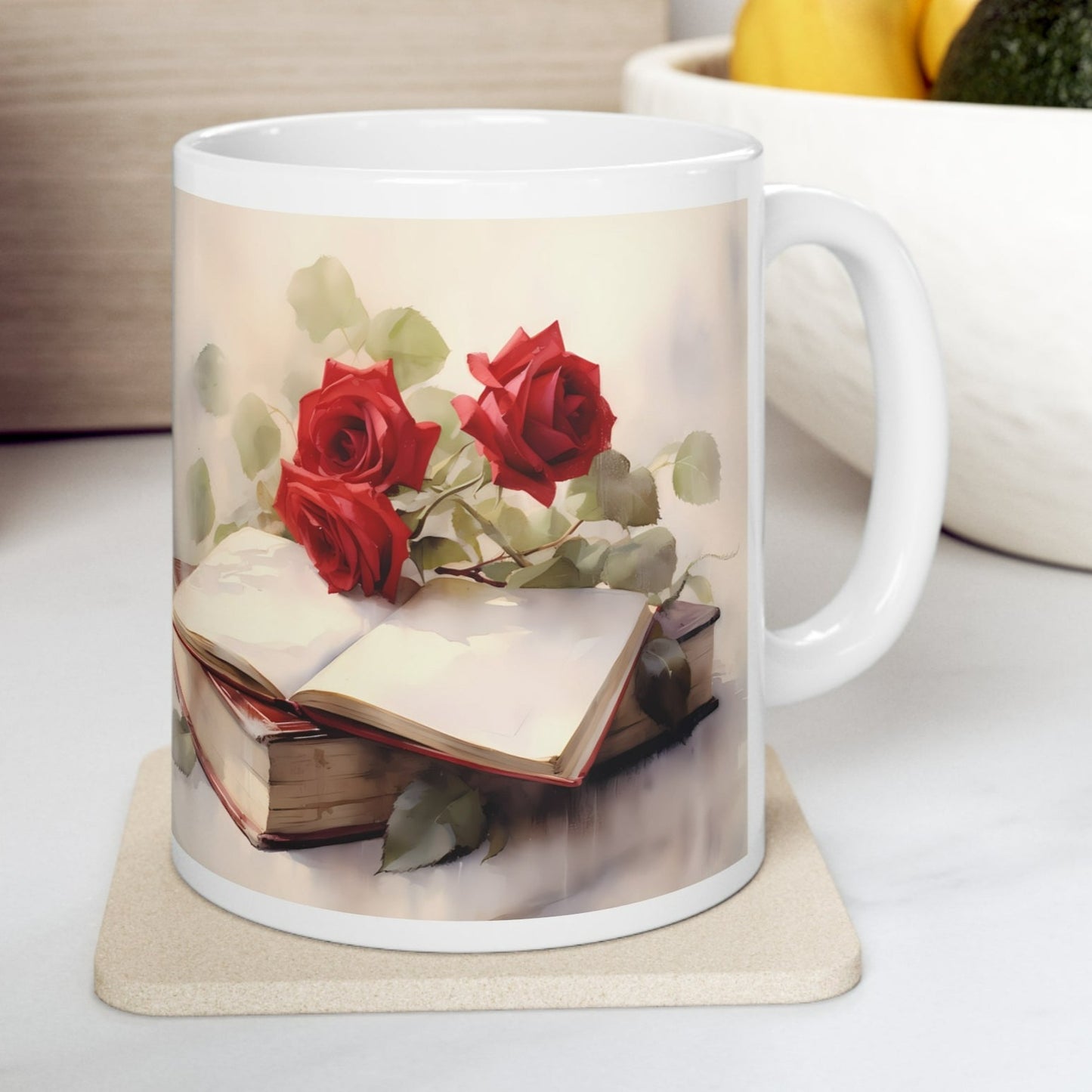 ROSES AND BOOKS (ANTIQUE LOOK) MUG - WHITE - MUGSCITY - Free Shipping