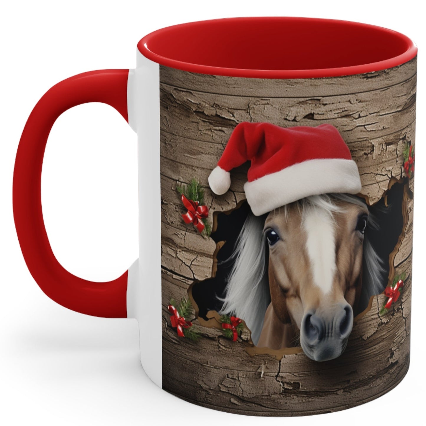 Festive ceramic mug with red handle, featuring a cute horse wearing a Santa hat peeking through rustic wood. 11oz, microwave and dishwasher safe.