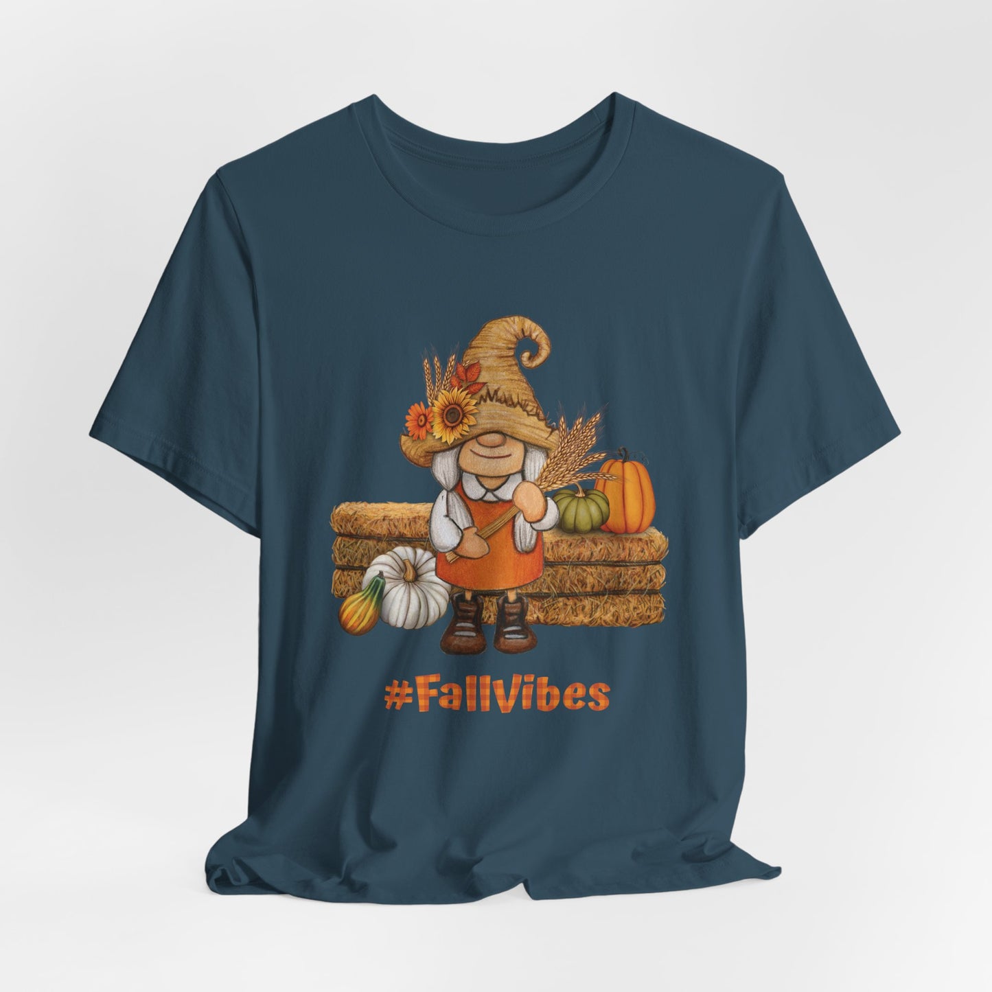 Cute Fall Gnome Shirt with pumpkins, sunflowers, and #FallVibes on soft unisex deep teal T-shirt – autumn season design