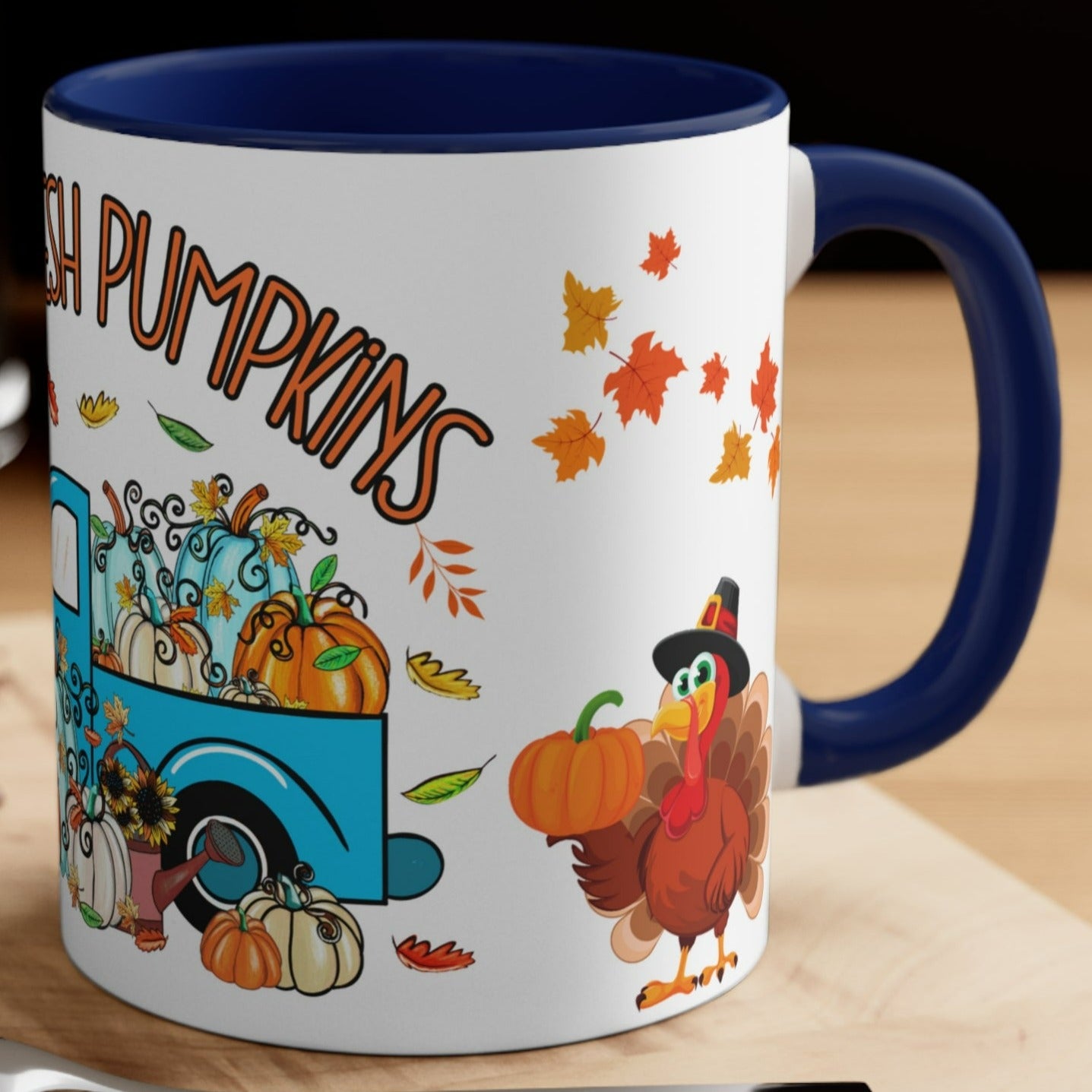 THANKSGIVING PILGRIM FARM FRESH PUMPKINS Mug- Mugscity - Free Shipping - Black, Red, Blue and Navy.